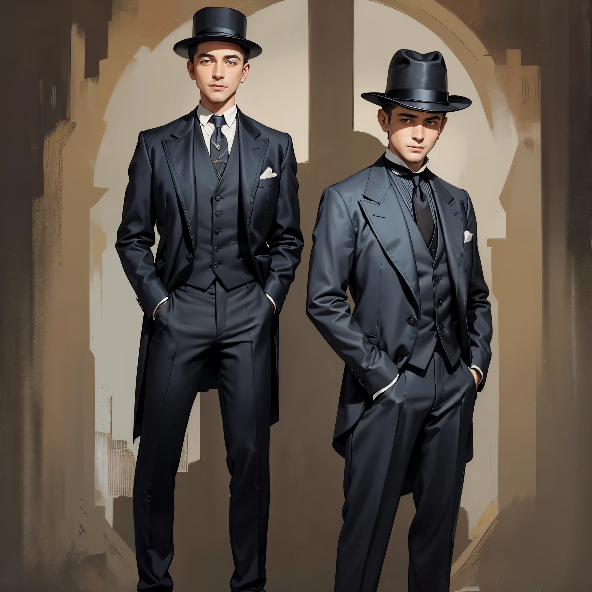 arafed man in a suit and hat standing with his hands in his pockets, a colorized photo inspired by Edward Corbett, flickr, op art, 1 9 2 0 s film actor, in the 1920s, 1 9 2 0 s cloth style, he looks very sophisticated, early 20s, well - dressed, 1920s picture