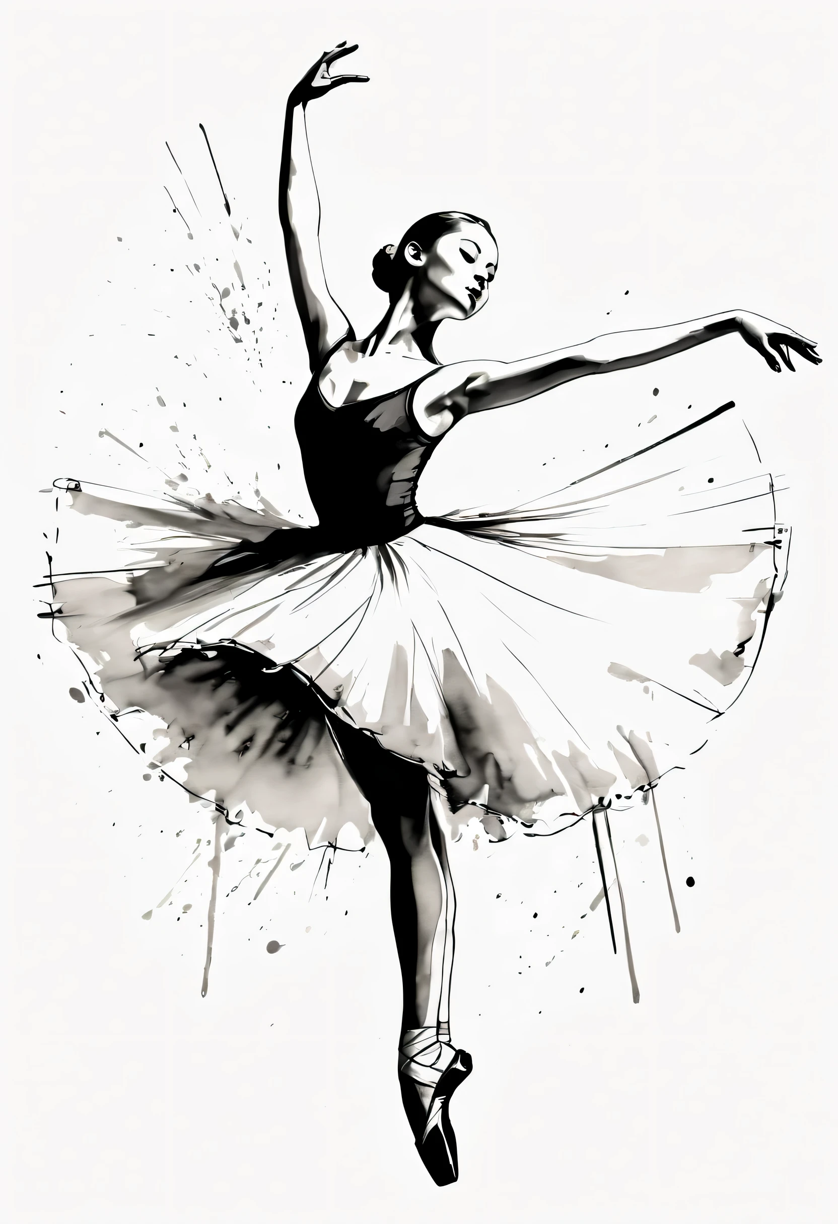 ink画:One stroke drawing of ballerina girl,Outline with black ink,smooth lines,Displays characters' Express expressions and postures through ink contrast,Simple background,Emphasis on light, shadow and space。ink,soil,sketch