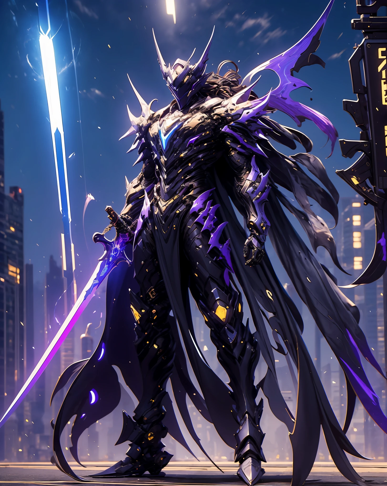 a close up of a person in a purple costume holding a sword, purple armor, sleek purple armor, 8k hd wallpaperjpeg artifact, 8 k hd wallpaperjpeg artifact, ethereal and mecha theme, sigma from overwatch, purple glowing core in armor, menacing. unreal 5, cyber suit, cyber armor, 8 k high detail concept art, ultra wide shot, full body shot, (masterpiece) ， the best quality， High Quality， （futurism：1.1）， （A paladin holding a light infused sword, light magic, divine, magewave, silver and gold）， movie lights， （Exquisite future）， Beautiful and beautiful， Ultra detailed， Great composition， floating， Depth of field， （Very detailed CG，Unity 8k壁纸）， （Beautiful detail background）， Beautiful hair details， dramatic lights， GOGETTA， mecha，Bestquality，ultrahighres，photorealistic, Pale skin handsome man, wearing beautiful elegant black_red suit, dark_fantasy, curly long hair, red moon, pixiv, vampire, elegant spooky, ffxiv, dramatic light, fantasy background, manga style, Tsutomu Nihei style, vibrant co