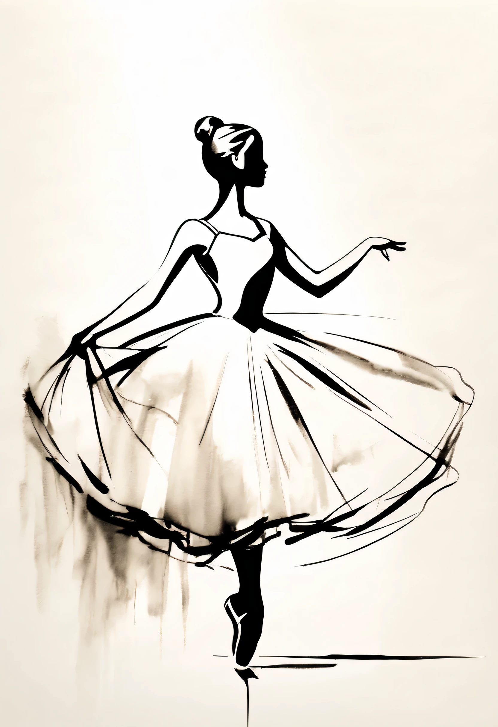 ink画:One stroke drawing of ballerina girl,Outline with black ink,smooth lines,Displays characters' Express expressions and postures through ink contrast,Simple background,Emphasis on light, shadow and space。ink,soil,sketch