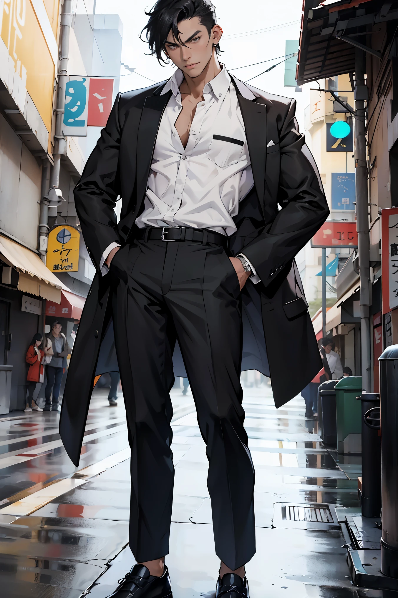 (masterpiece, high quality, detailed), 1guy, young man, masculine, bishounen, full body, standing pose, delinquent, messy black hair, grey eyes, sullen, pierced ears, ear studs, japanese high school uniform, unbuttoned white shirt, black jacket, portrait, elegant shoes