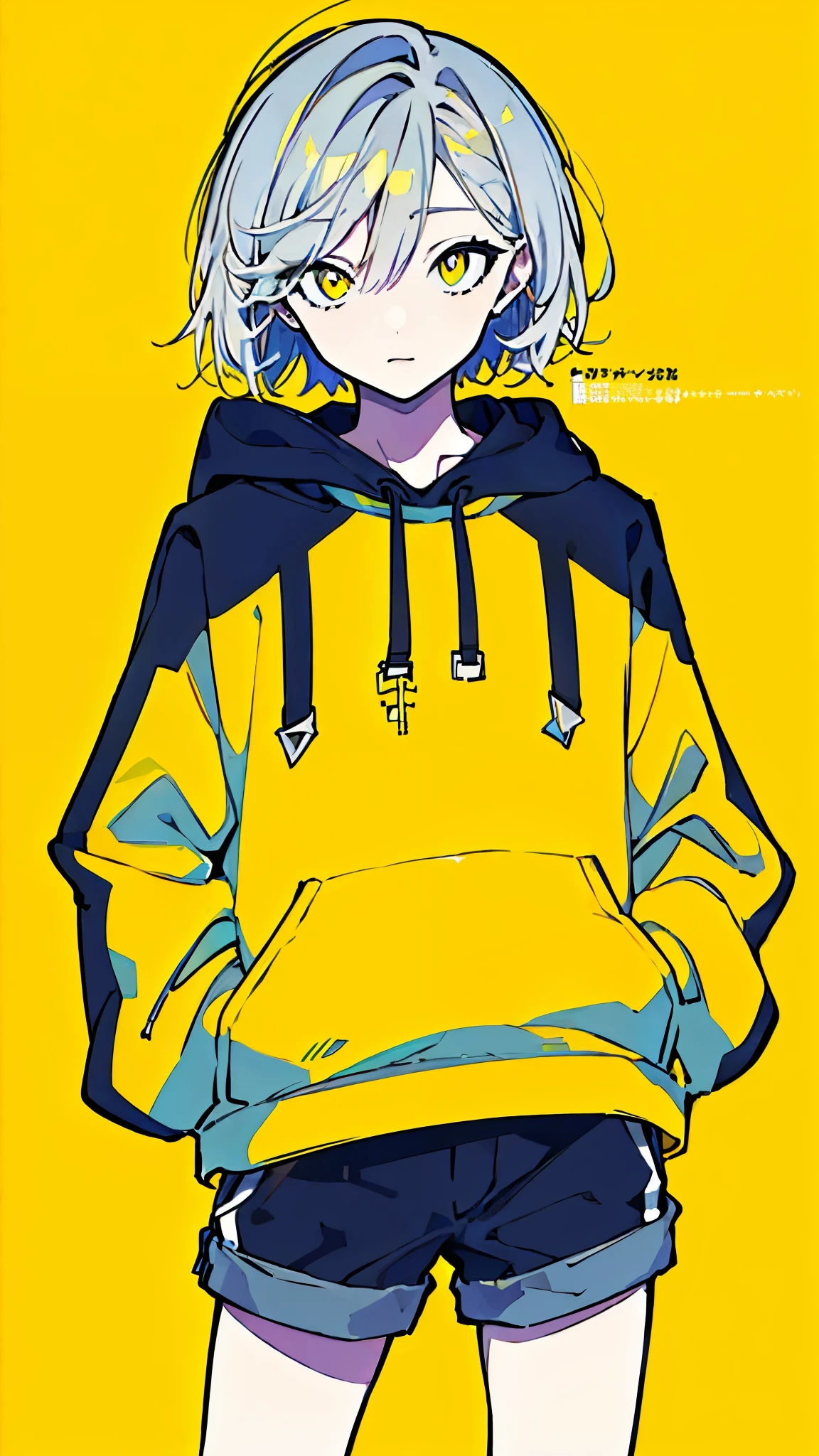 (masterpiece, highest quality:1.6), alone, thick outline, (simple background, Dark yellow background, monochrome, dark yellow theme:1.2), official art, Key Visual, 8K, disorganized, whole body, (Unique hair, Oversized Hoodies, hot pants, arch back, short torso:1.2), belly button, thighs, cowboy shot, HDR, sharp focus, High resolution, most detailed, very detailed, Super detailed, finely, detailed eyes and face, sharp pupils, realistic student, solo, yellow and gray contrast, solo, hands in pockets