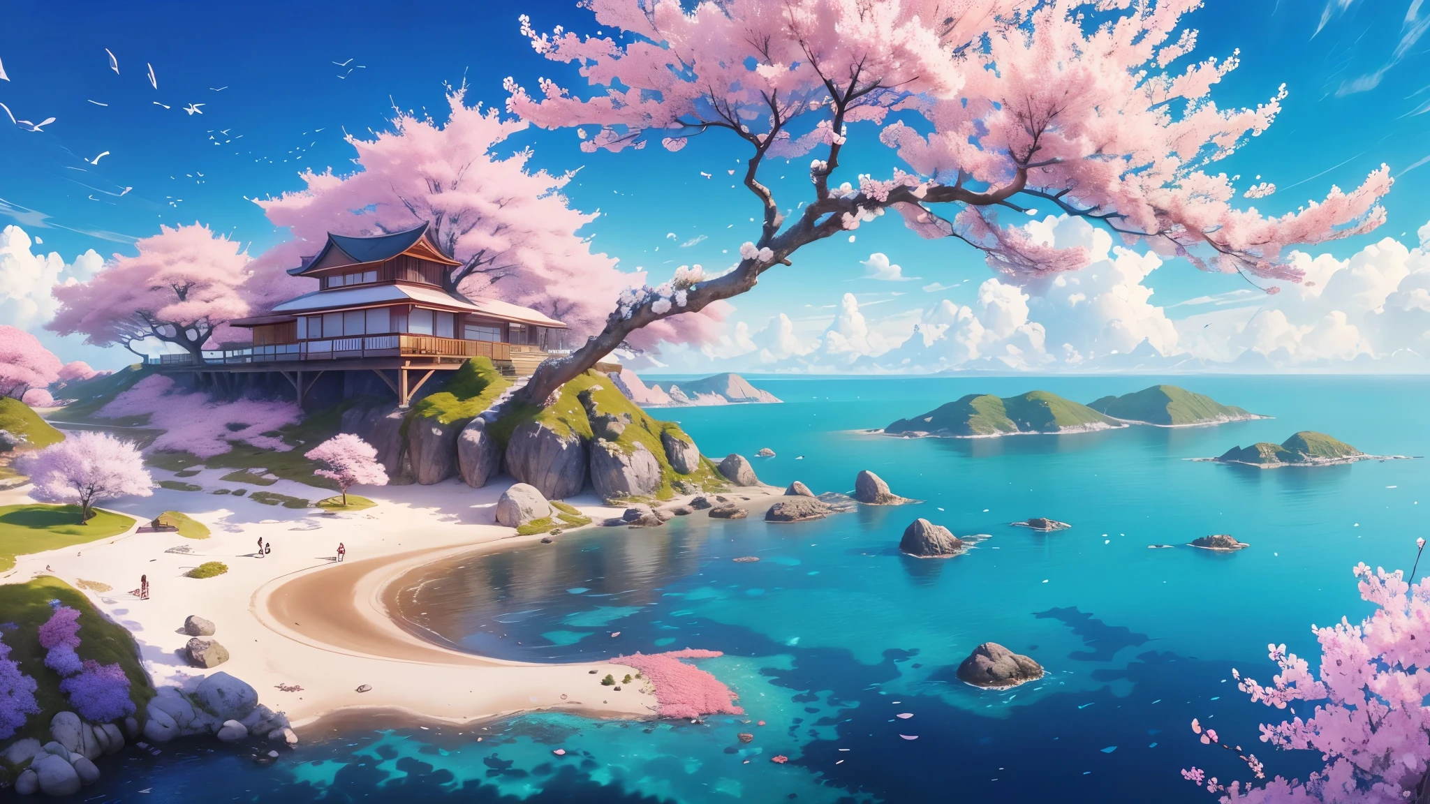 Design an anime landscape featuring a series of small islands surrounded by crystal-clear waters, each adorned with blooming cherry blossom trees. Employ a sweeping panoramic shot from the sky to capture the interconnected beauty of the sakura archipelago under the warmth of the sun.