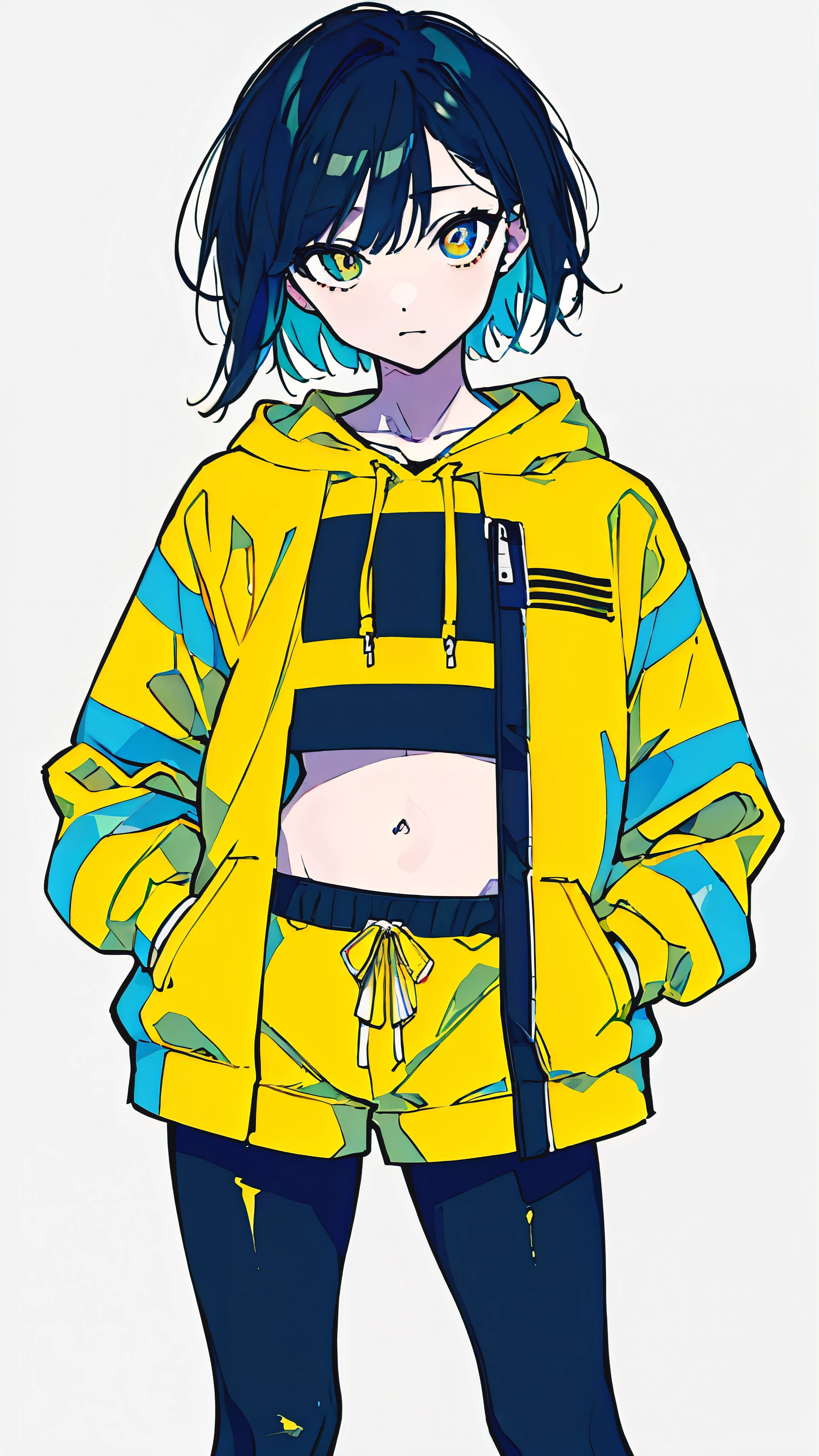 (masterpiece, highest quality:1.6), alone, thick outline, (simple background, Dark yellow background, monochrome, dark yellow theme:1.2), official art, Key Visual, 8K, confused, whole body, (Unique hair, oversized hoodie, hot pants, arch back, short torso:1.2), belly button, thighs, cowboy shot, HDR, sharp focus, High resolution, most detailed, very detailed, Super detailed, finely, detailed eyes and face, sharp pupils, realistic student, alone, contrast between yellow and light blue, alone, put one&#39;s hand in one&#39;s pocket