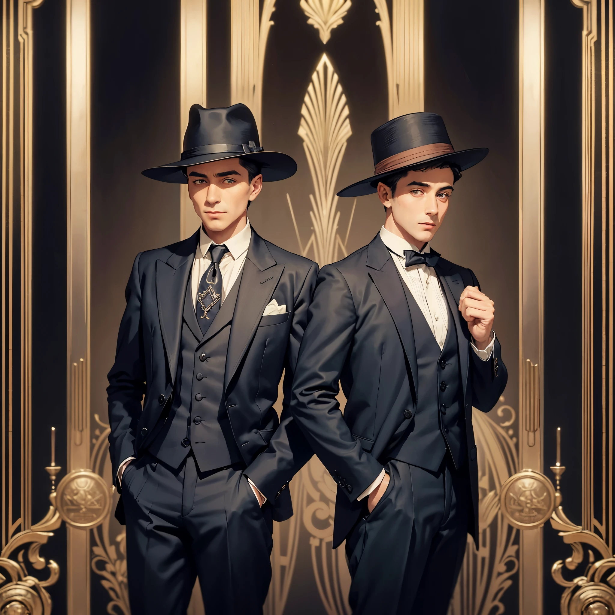 arafed man in a suit and hat standing with his hands in his pockets, a colorized photo inspired by Edward Corbett, flickr, op art, 1 9 2 0 s film actor, in the 1920s, 1 9 2 0 s cloth style, he looks very sophisticated, early 20s, well - dressed, 1920s picture