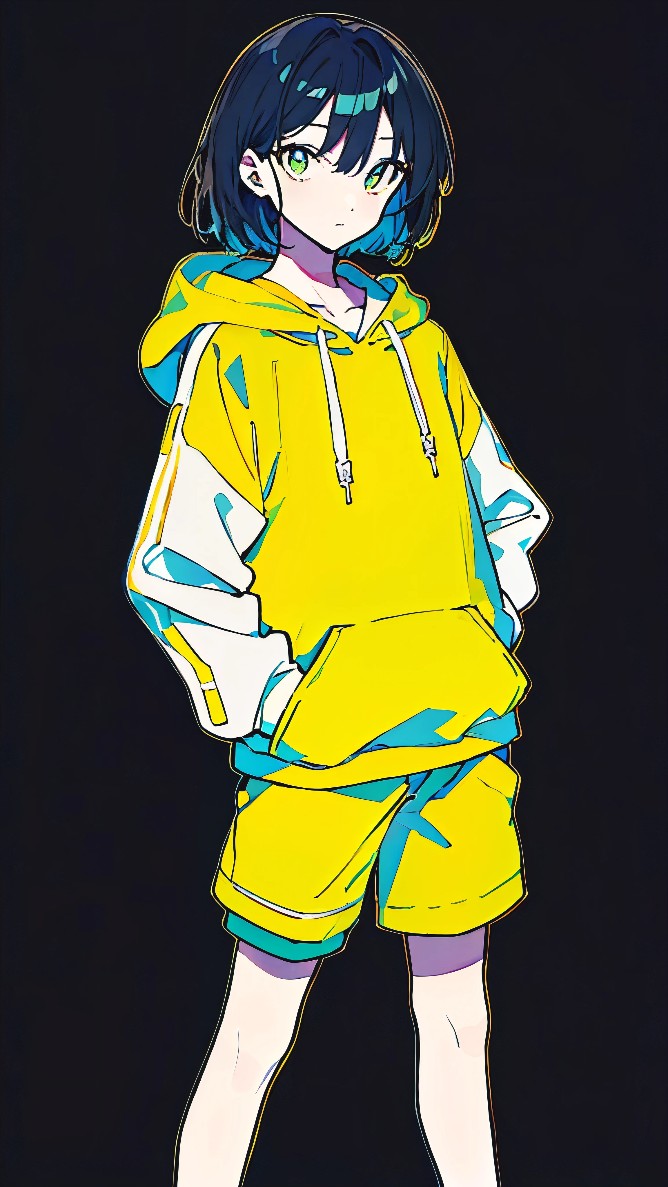 (masterpiece, highest quality:1.6), alone, thick outline, (simple background, Dark yellow background, monochrome, dark yellow theme:1.2), official art, Key Visual, 8K, confused, whole body, (Unique hair, oversized hoodie, hot pants, arch back, short torso:1.2), belly button, thighs, cowboy shot, HDR, sharp focus, High resolution, most detailed, very detailed, Super detailed, finely, detailed eyes and face, sharp pupils, realistic student, alone, contrast between yellow and light blue, alone, put one&#39;s hand in one&#39;s pocket