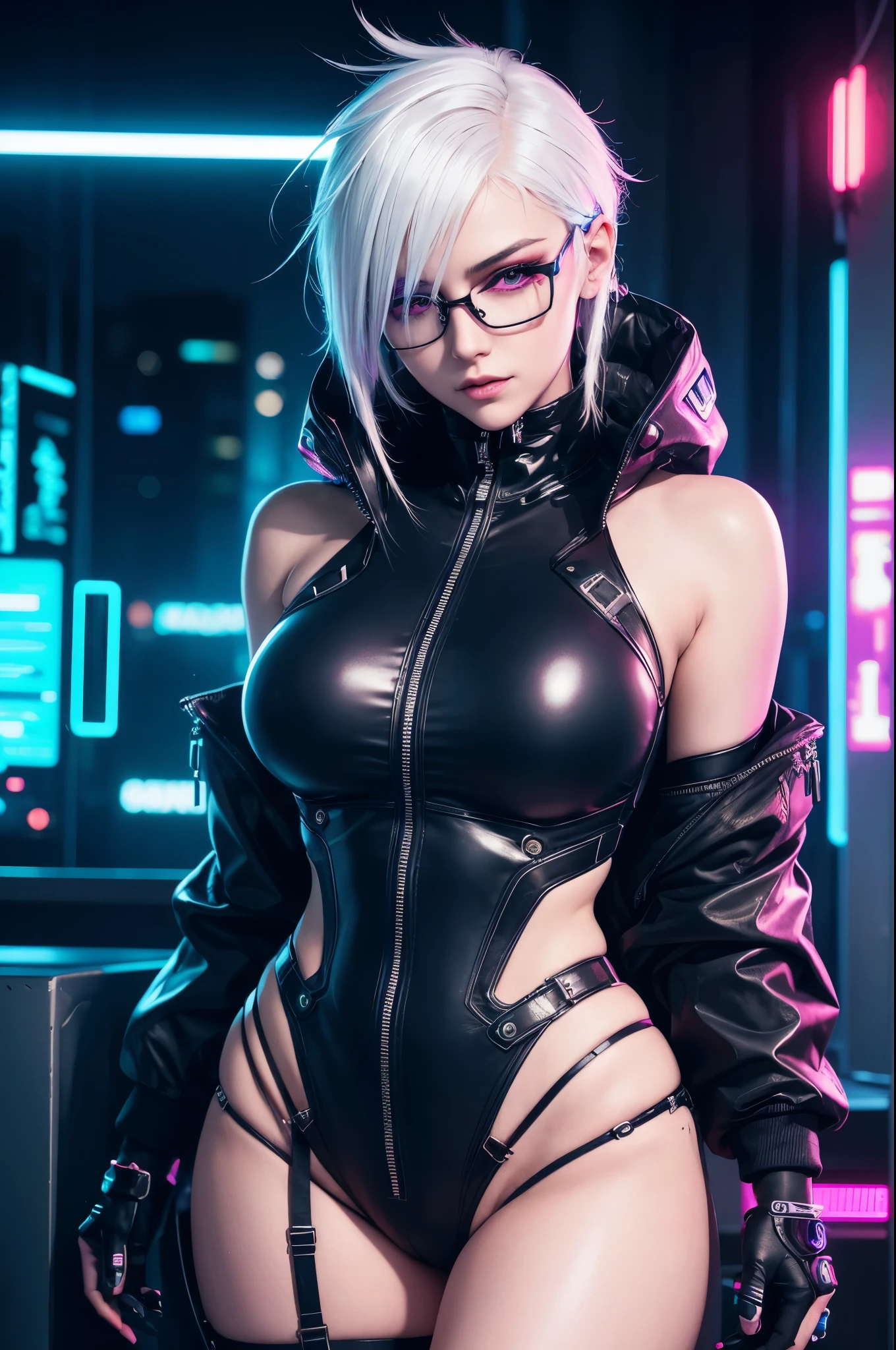 A cyberpunk woman hacker with white hair and short glasses, her sensual expression illuminated by the neon lights in the background. Her futuristic clothes are detailed and rendered in stunning 8k resolution. The camera focuses on her alluring expression, capturing every detail.