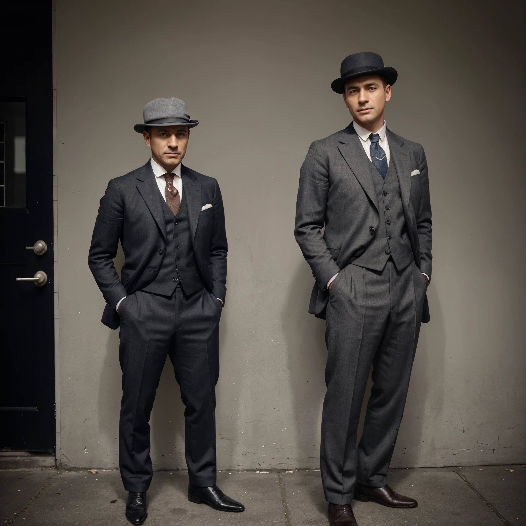 arafed man in a suit and hat standing with his hands in his pockets, a colorized photo inspired by Edward Corbett, flickr, op art, 1 9 2 0 s film actor, in the 1920s, 1 9 2 0 s cloth style, he looks very sophisticated, early 20s, well - dressed, 1920s picture