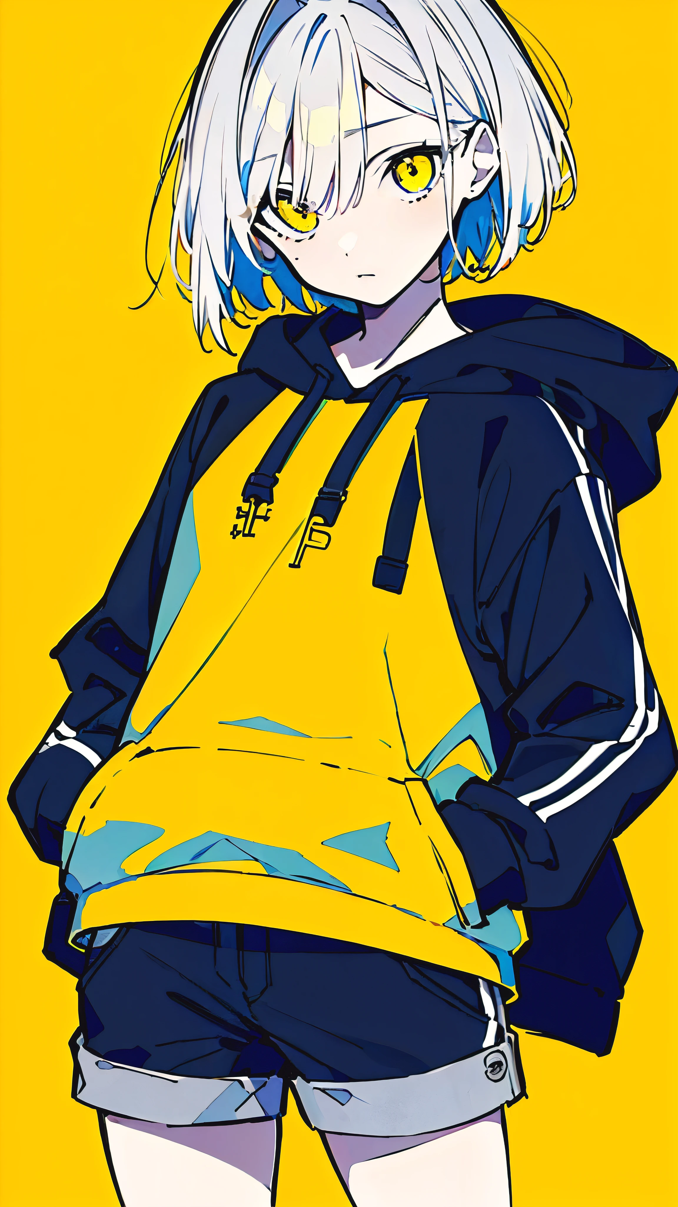 (masterpiece, highest quality:1.6), alone, thick outline, (simple background, Dark yellow background, monochrome, dark yellow theme:1.2), official art, Key Visual, 8K, confused, whole body, (Unique hair, oversized hoodie, hot pants, arch back, short torso:1.2), belly button, thighs, cowboy shot, HDR, sharp focus, High resolution, most detailed, very detailed, Super detailed, finely, detailed eyes and face, sharp pupils, realistic student, alone, contrast between yellow and light blue, alone, put one's hand in one's pocket