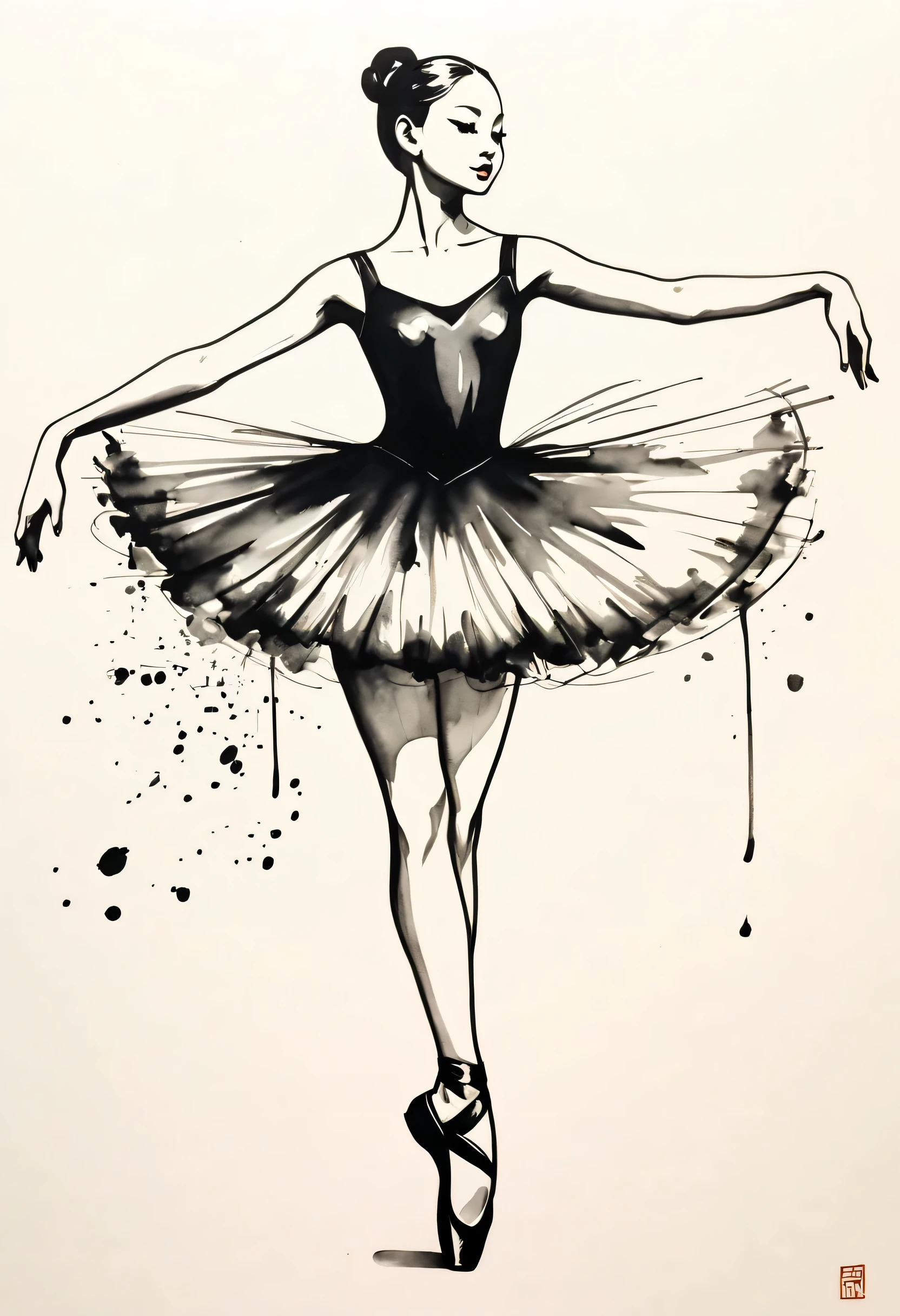 ink画：One stroke drawing of ballerina girl，Outline with black ink，smooth lines，inksoil出裙子，Displays characters&#39; Express expressions and postures through ink contrast，Simple background，Emphasis on light, shadow and space。ink，soil，sketch，grace，