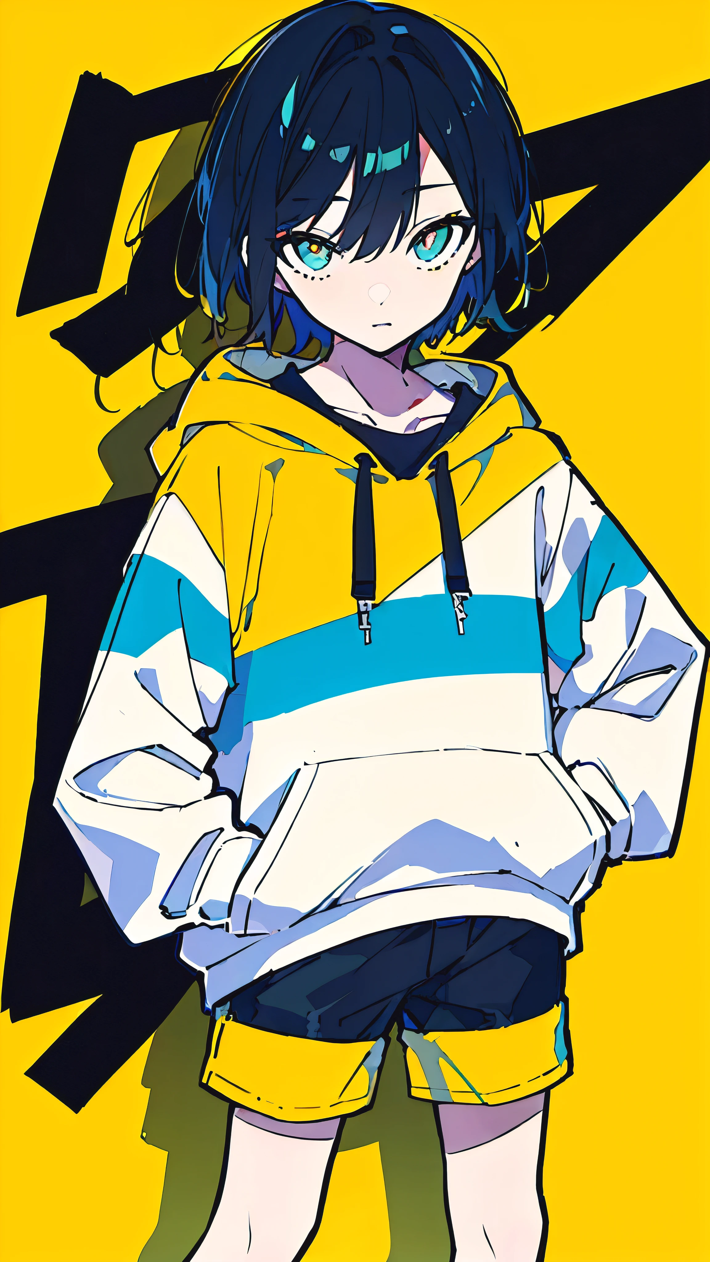 (masterpiece, highest quality:1.6), alone, thick outline, (simple background, Dark yellow background, monochrome, dark yellow theme:1.2), official art, Key Visual, 8K, confused, whole body, (Unique hair, oversized hoodie, hot pants, arch back, short torso:1.2), belly button, thighs, cowboy shot, HDR, sharp focus, High resolution, most detailed, very detailed, Super detailed, finely, detailed eyes and face, sharp pupils, realistic student, alone, contrast between yellow and light blue, alone, put one&#39;s hand in one&#39;s pocket