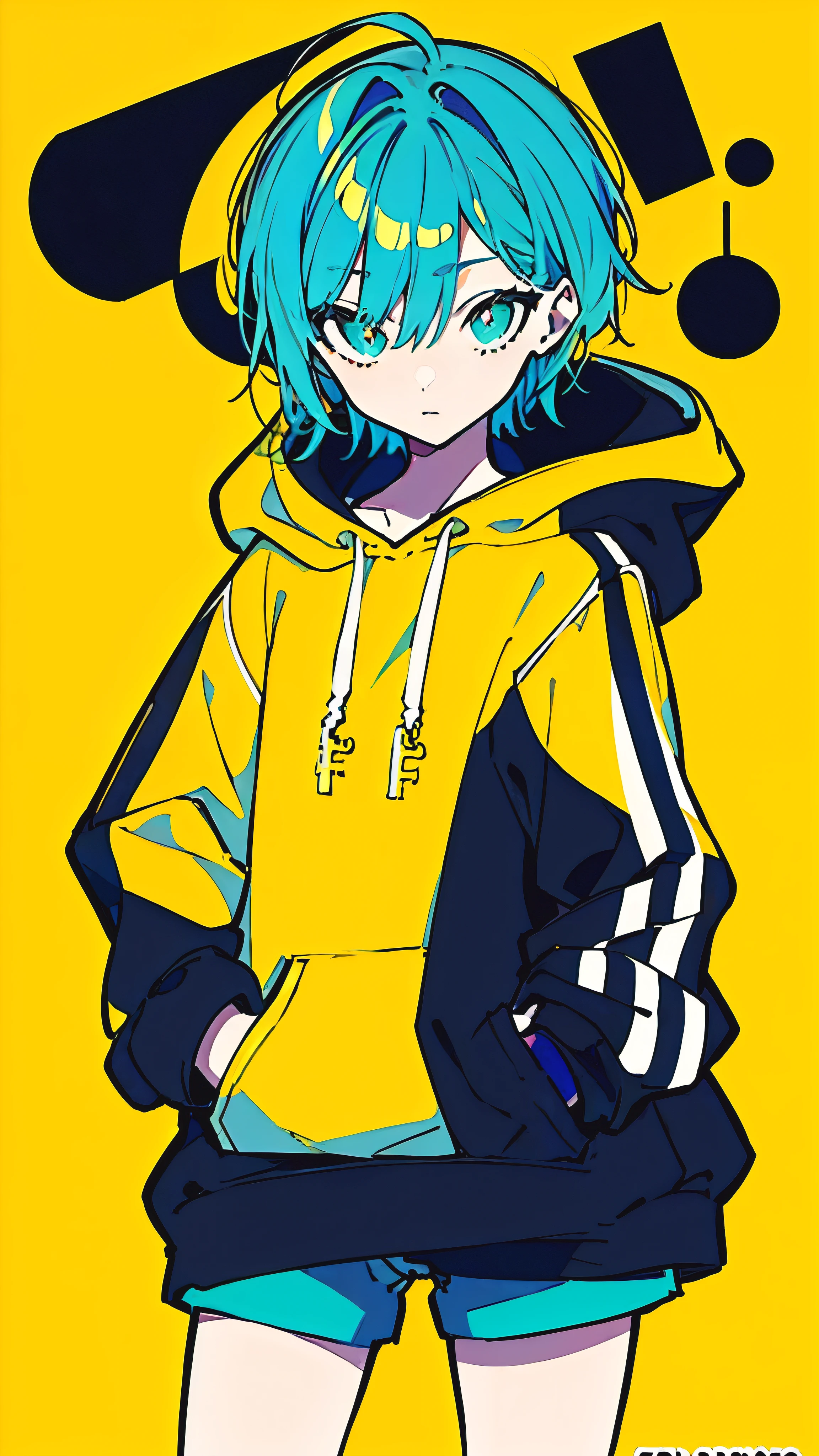 (masterpiece, highest quality:1.6), alone, thick outline, (simple background, Dark yellow background, monochrome, dark yellow theme:1.2), official art, Key Visual, 8K, confused, whole body, (Unique hair, oversized hoodie, hot pants, arch back, short torso:1.2), belly button, thighs, cowboy shot, HDR, sharp focus, High resolution, most detailed, very detailed, Super detailed, finely, detailed eyes and face, sharp pupils, realistic student, alone, contrast between yellow and light blue, alone, put one's hand in one's pocket