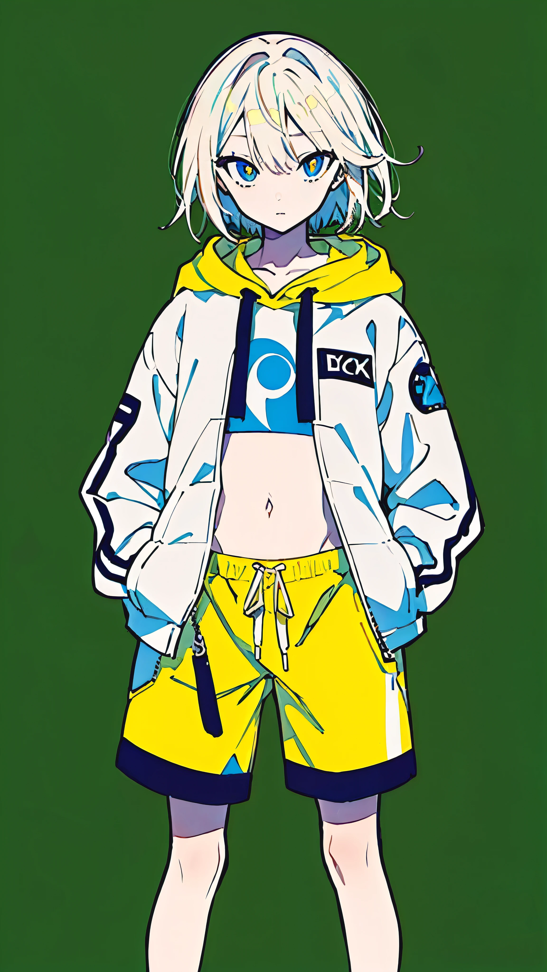 (masterpiece, highest quality:1.6), alone, thick outline, (simple background, Dark yellow background, monochrome, dark yellow theme:1.2), official art, Key Visual, 8K, confused, whole body, (Unique hair, oversized hoodie, hot pants, arch back, short torso:1.2), belly button, thighs, cowboy shot, HDR, sharp focus, High resolution, most detailed, very detailed, Super detailed, finely, detailed eyes and face, sharp pupils, realistic student, alone, contrast between yellow and light blue, alone, put one's hand in one's pocket