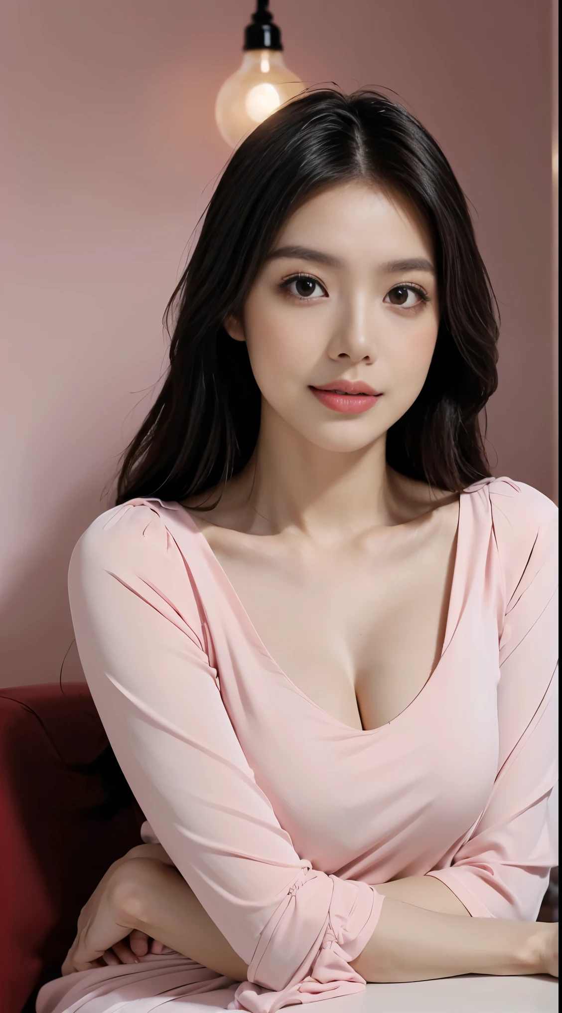 (8k, RAW photo, best quality, masterpiece:1.2), (realistic, photo-realistic:1.2), (photorealistic:1.4), (ultra high res, raw photo:1.4), ultra-detailed, a girl, perfect face, sitting, (upper body:1.3), (pink dress:1.2), (softlight:1.2), (professional lighting:1.2), (studio:1.2), (coffee shop background:1.2), (hand squeeze), (squeeze breasts), ((erotic))