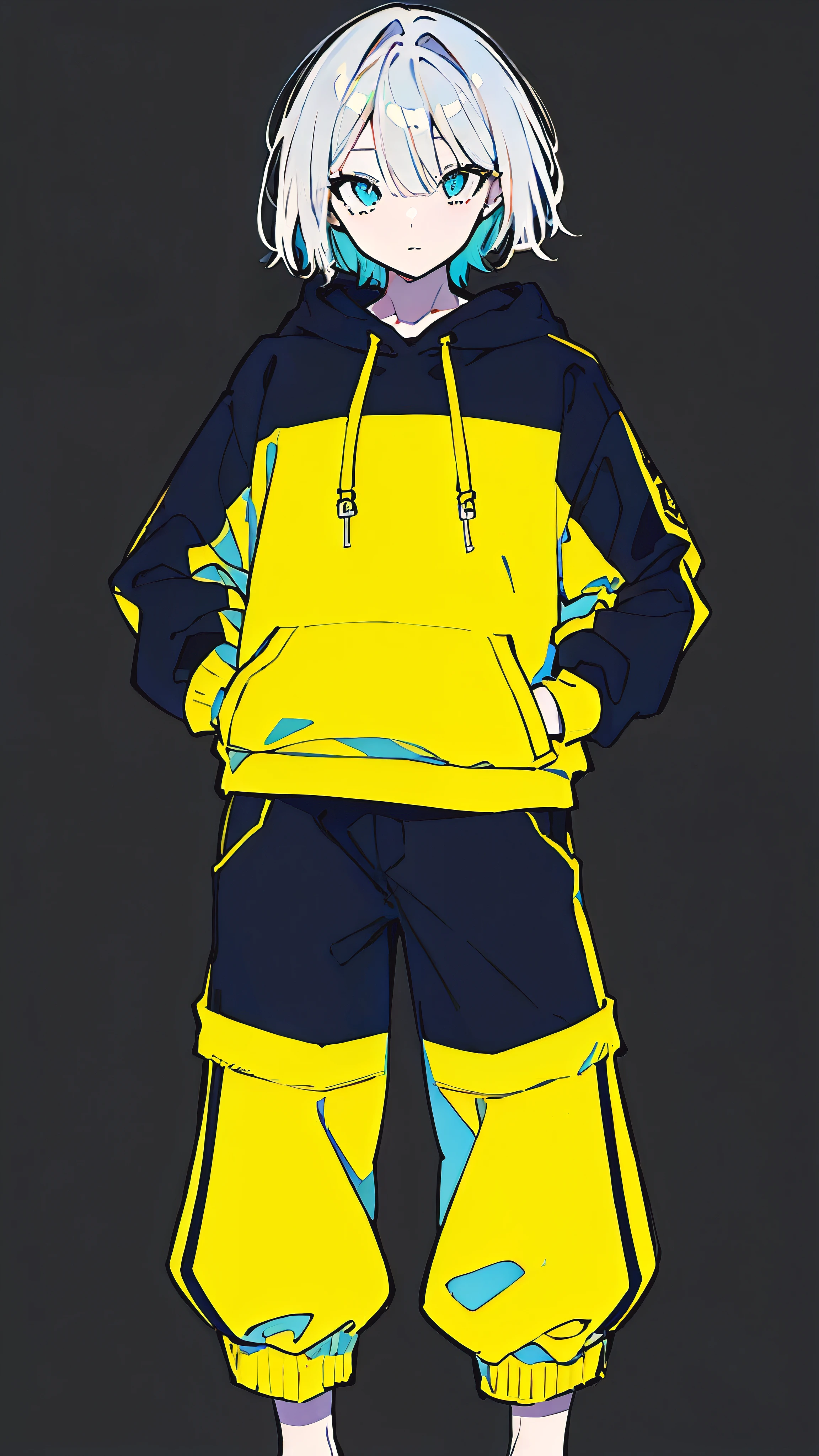 (masterpiece, highest quality:1.6), alone, thick outline, (simple background, Dark yellow background, monochrome, dark yellow theme:1.2), official art, Key Visual, 8K, confused, whole body, (Unique hair, oversized hoodie, hot pants, arch back, short torso:1.2), belly button, thighs, cowboy shot, HDR, sharp focus, High resolution, most detailed, very detailed, Super detailed, finely, detailed eyes and face, sharp pupils, realistic student, alone, contrast between yellow and light blue, alone, put one's hand in one's pocket