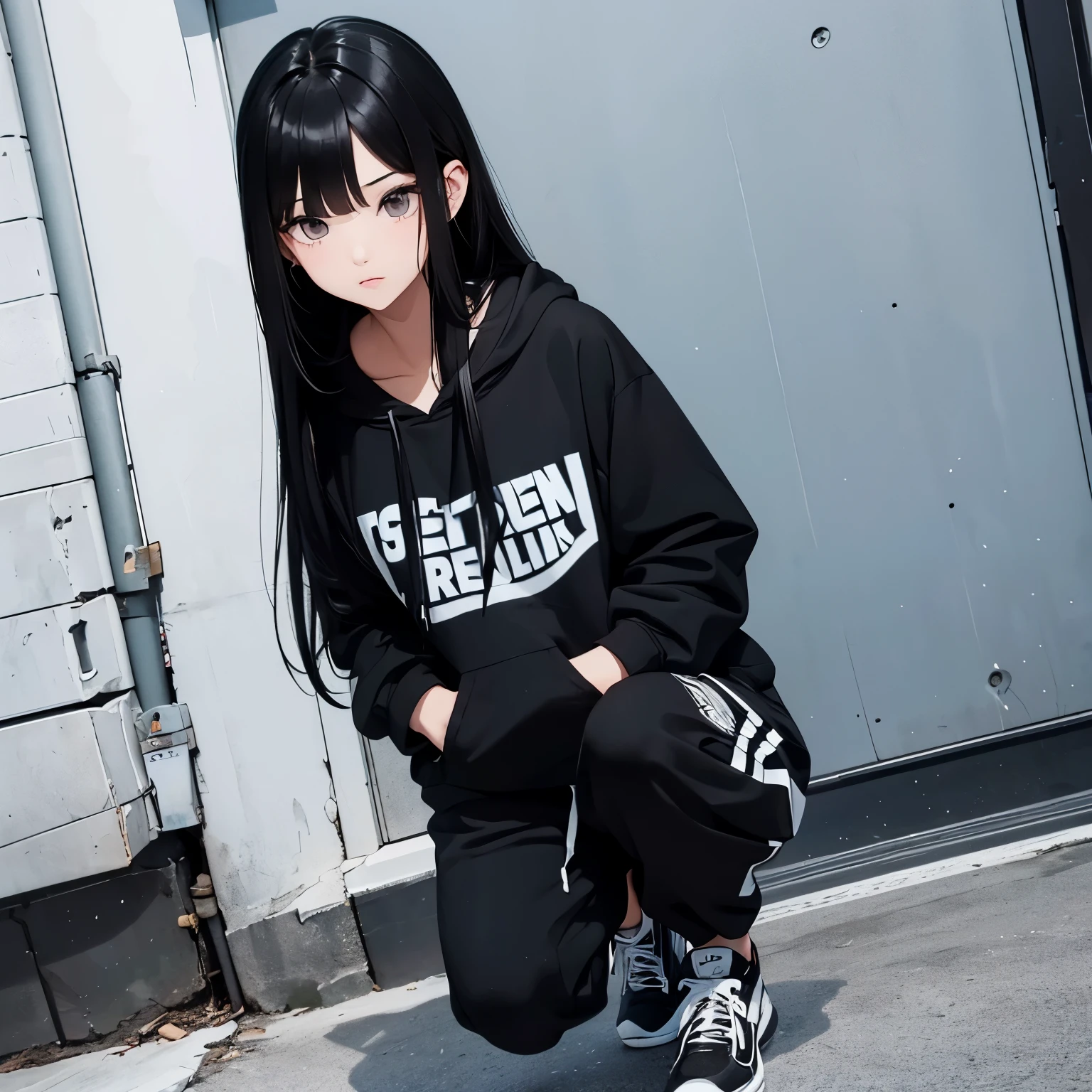 A beautiful and cute girl, long black hair, black and white hoodie, trousers, sneakers, decent attitude, tall, pretty