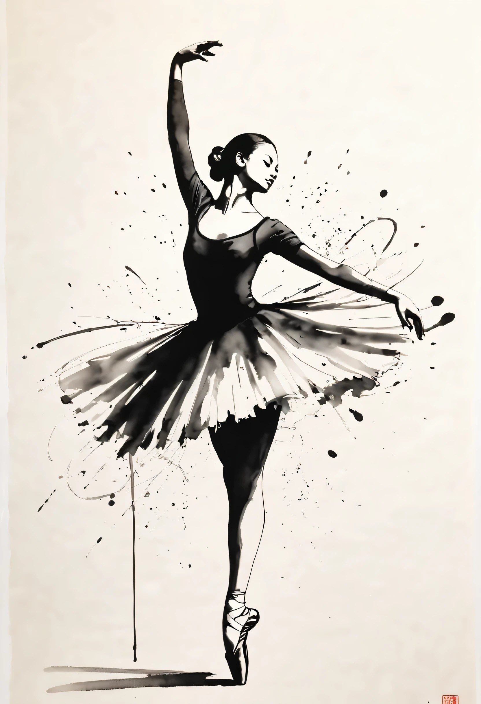 ink画：One stroke drawing of ballerina girl，Outline with black ink，smooth lines，inksoil出层层的裙子，multi-layer，Displays characters&#39; Express expressions and postures through ink contrast，Simple background，Emphasis on light, shadow and space。ink，soil，sketch，grace。inksoil背景，Water marks，loopy