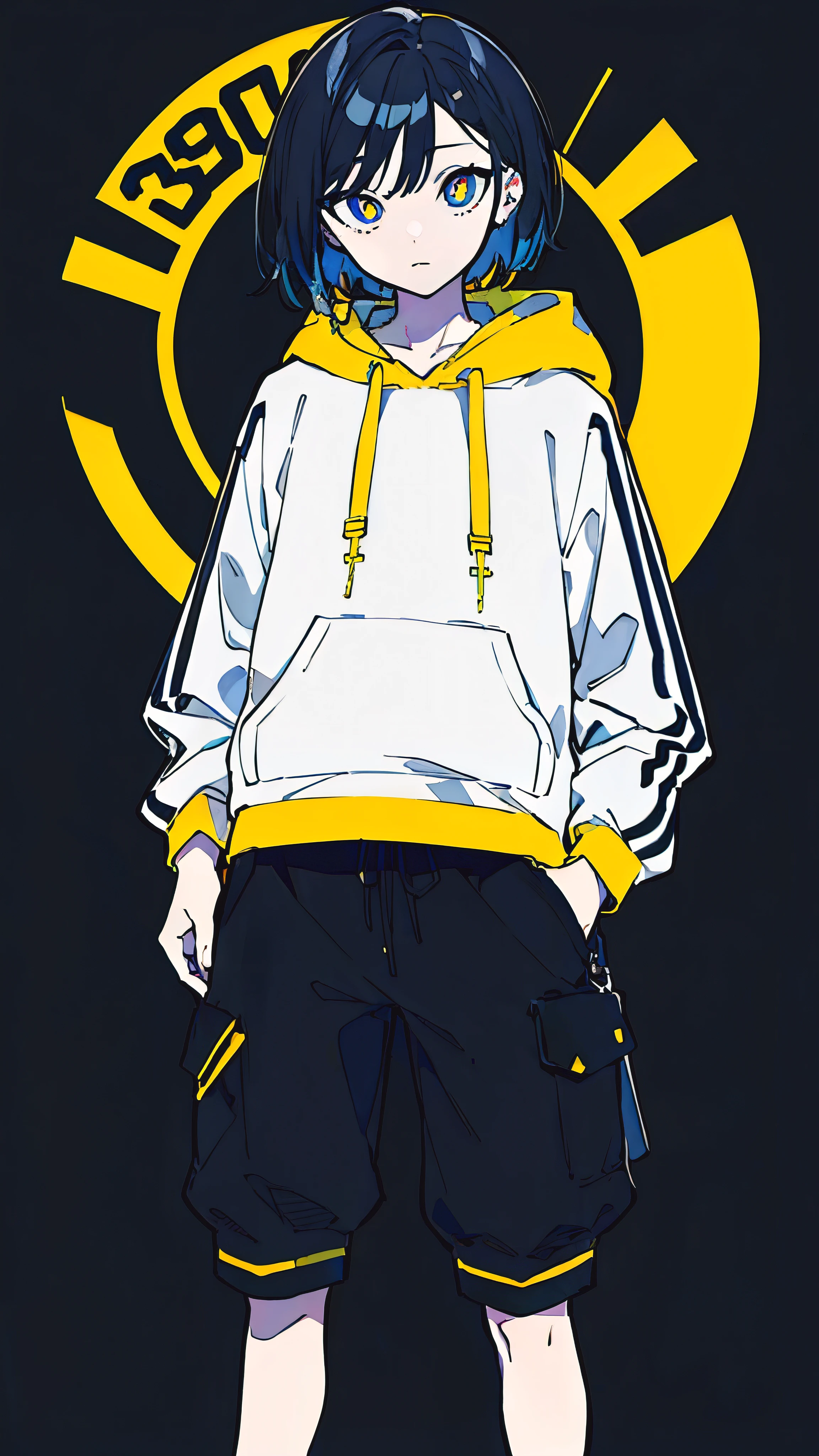 (masterpiece, highest quality:1.6), alone, thick outline, (simple background, Dark yellow background, monochrome, dark yellow theme:1.2), official art, Key Visual, 8K, confused, whole body, (Unique hair, oversized hoodie, hot pants, arch back, short torso:1.2), belly button, thighs, cowboy shot, HDR, sharp focus, High resolution, most detailed, very detailed, Super detailed, finely, detailed eyes and face, sharp pupils, realistic student, alone, contrast between yellow and light blue, alone, put one's hand in one's pocket