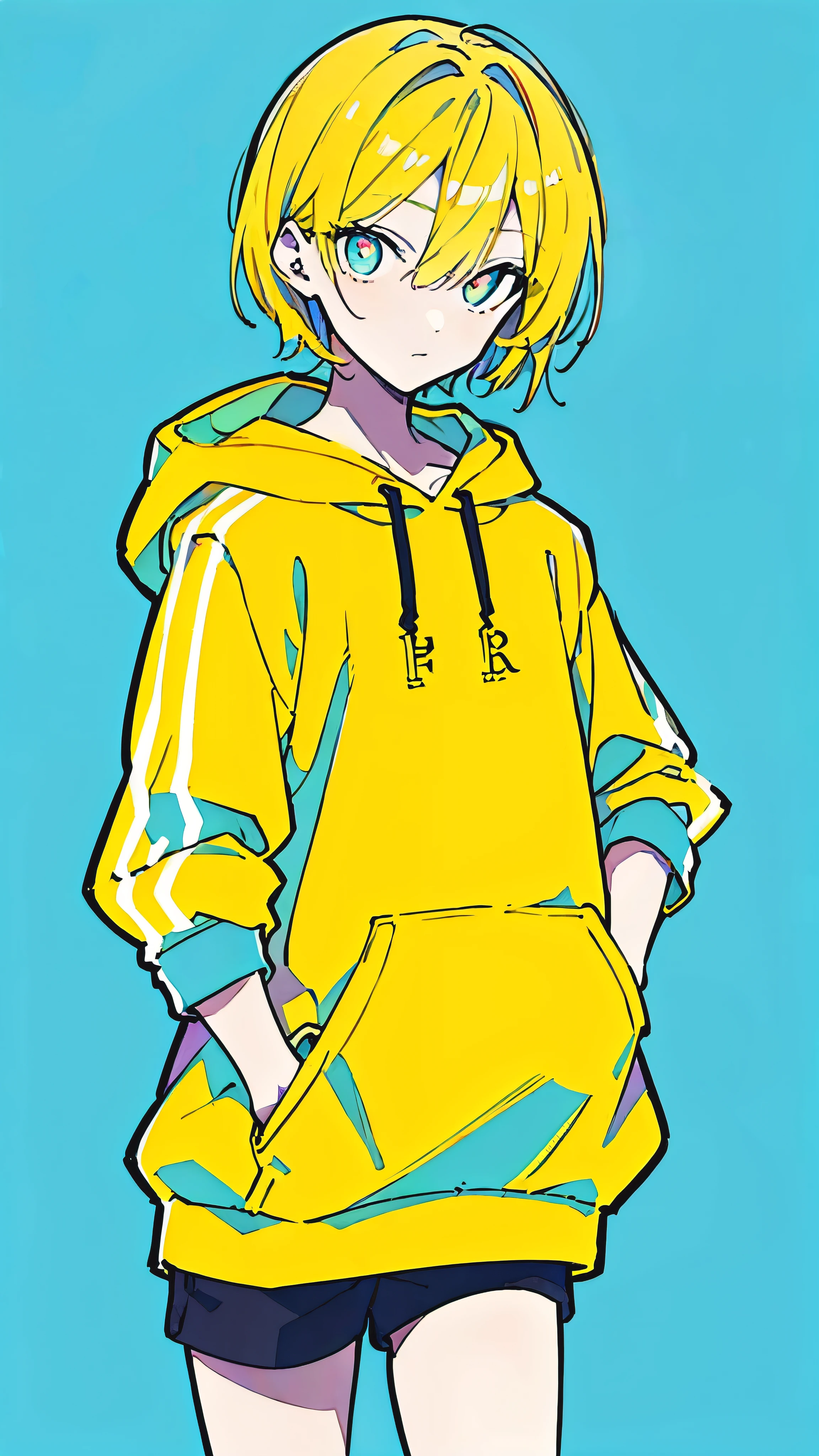 (masterpiece, highest quality:1.6), alone, thick outline, (simple background, Dark yellow background, monochrome, dark yellow theme:1.2), official art, Key Visual, 8K, confused, whole body, (Unique hair, oversized hoodie, hot pants, arch back, short torso:1.2), belly button, thighs, cowboy shot, HDR, sharp focus, High resolution, most detailed, very detailed, Super detailed, finely, detailed eyes and face, sharp pupils, realistic student, alone, contrast between yellow and light blue, alone, put one's hand in one's pocket