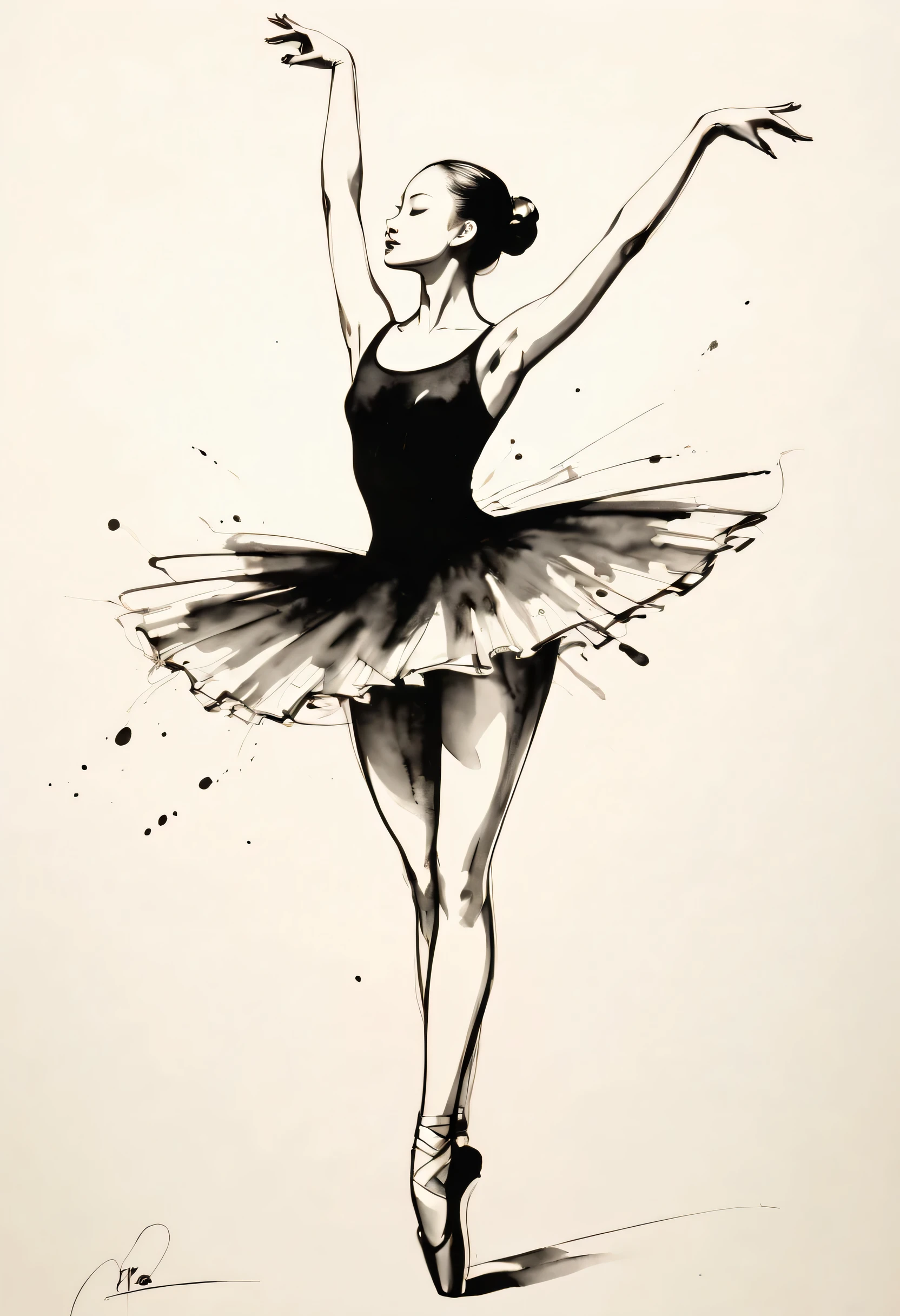 ink画:One stroke drawing of ballerina girl,Slender and straight figure,Outline with black ink,smooth lines,inksoil出层层的裙子,multi-layer,The ink on the skirt fell out with force,form an arc,Displays characters' Express expressions and postures through ink contrast,Simple background,Emphasis on light, shadow and space。ink,soil,sketch,grace,