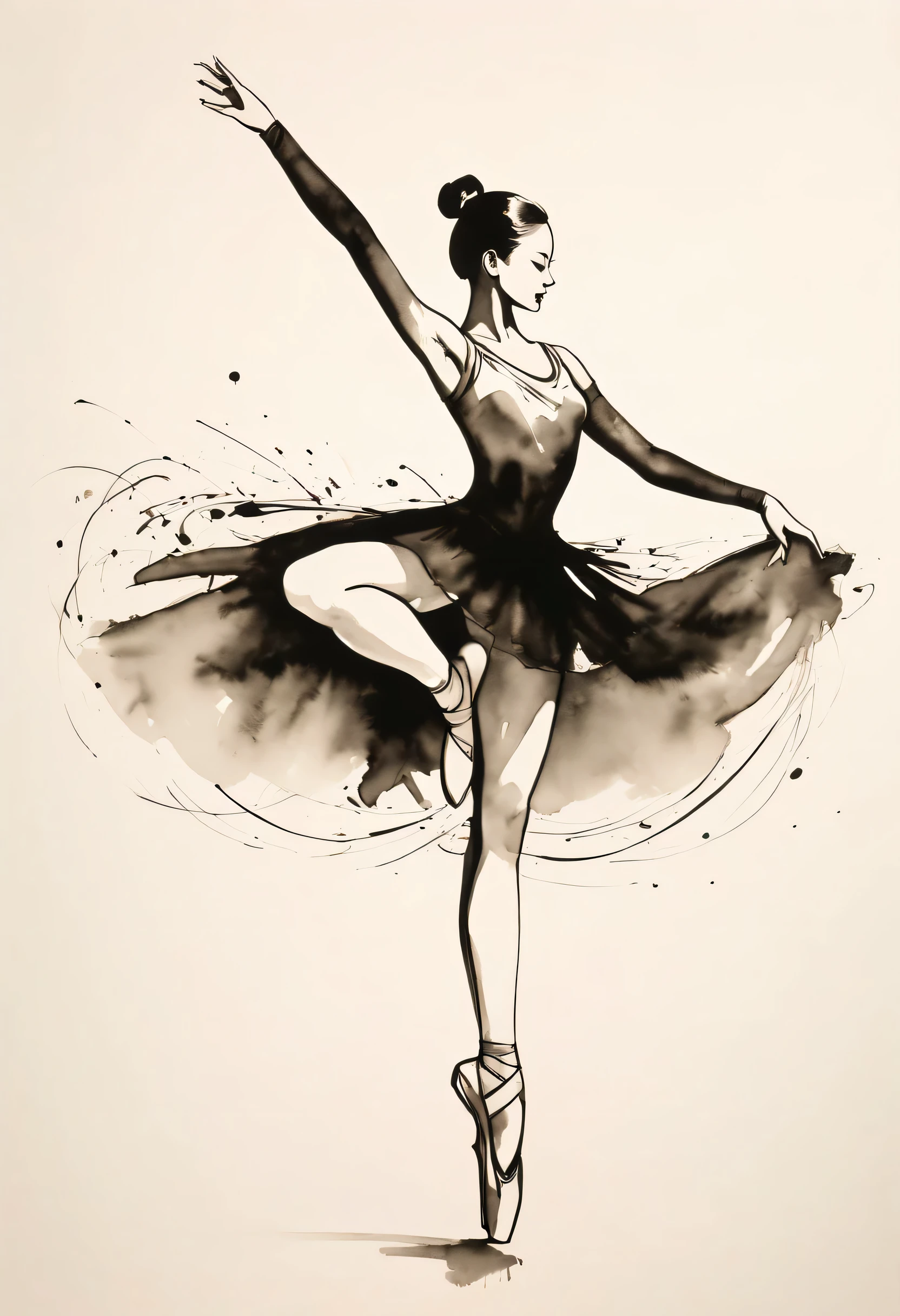 ink画：One stroke drawing of ballerina girl，Slender and straight figure，Outline with black ink，smooth lines，inksoil出层层的裙子，multi-layer，The ink on the skirt fell out with force，form an arc，Displays characters&#39; Express expressions and postures through ink contrast，Simple background，Emphasis on light, shadow and space。ink，soil，sketch，grace，