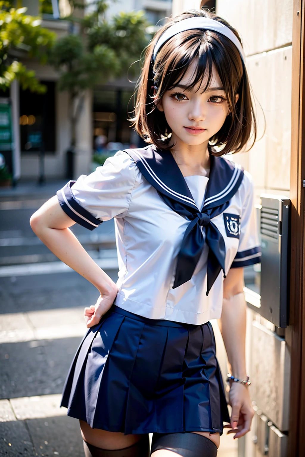 Body 8 times longer than head, (High-definition CG Unity 8K), (highest quality)，(very detailed)，(ultra high resolution), black hair, sailor suit, 紺色のsailor suit, sailor suitを着た女子高生, Dark blue skirt, anime 2d rendering, realistic young anime , ((white headband)), small breasts, tall, slanted eyes, (school scenery), black stockings, during the day, open your mouth a little, smile, bob cut, face detail drawing, 