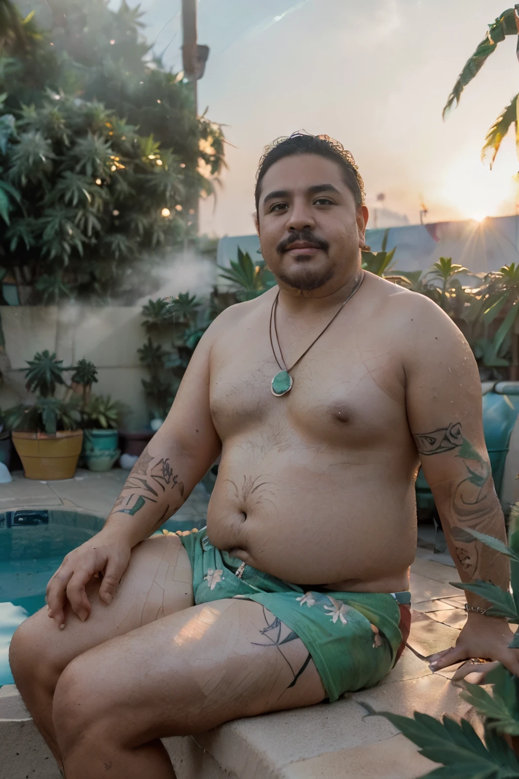 ((cheerful ((tanned and chubby ((Mexican)) man)) sitting poolside while looking at sunrise at peace, (wearing detailed swimming trunks), (wearing seashell necklace), (cannabis flower tattoos on arms and legs), high quality photo, sitting quietly poolside (with copious potted cannabis sativa plants surrounding pool during foggy sunrise)