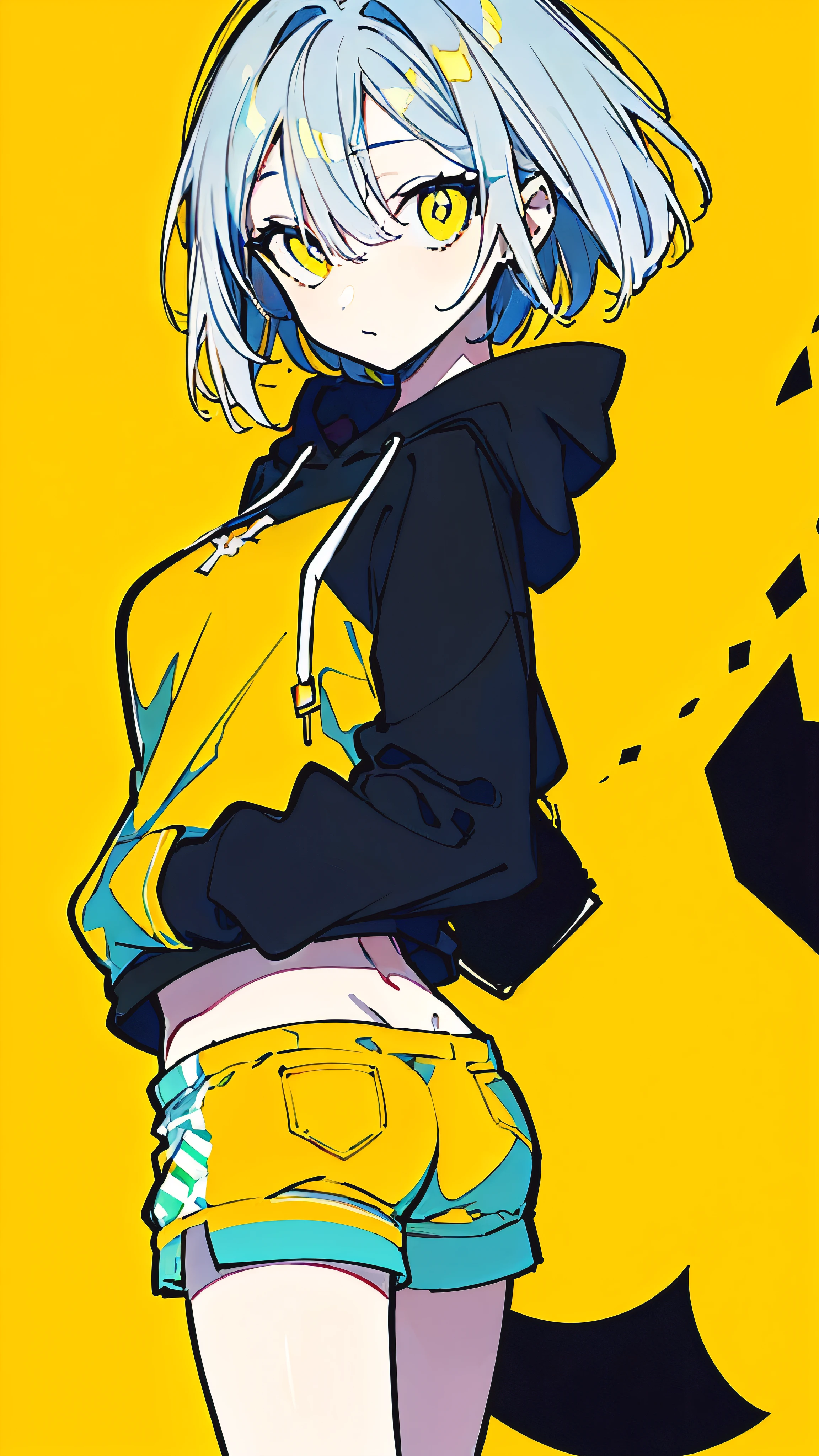 (masterpiece, highest quality:1.6), alone, thick outline, (simple background, Dark yellow background, monochrome, dark yellow theme:1.2), official art, Key Visual, 8K, confused, whole body, (Unique hair, oversized hoodie, hot pants, arch back, short torso:1.2), belly button, thighs, cowboy shot, HDR, sharp focus, High resolution, most detailed, very detailed, Super detailed, finely, detailed eyes and face, sharp pupils, realistic student, alone, light blue contrast