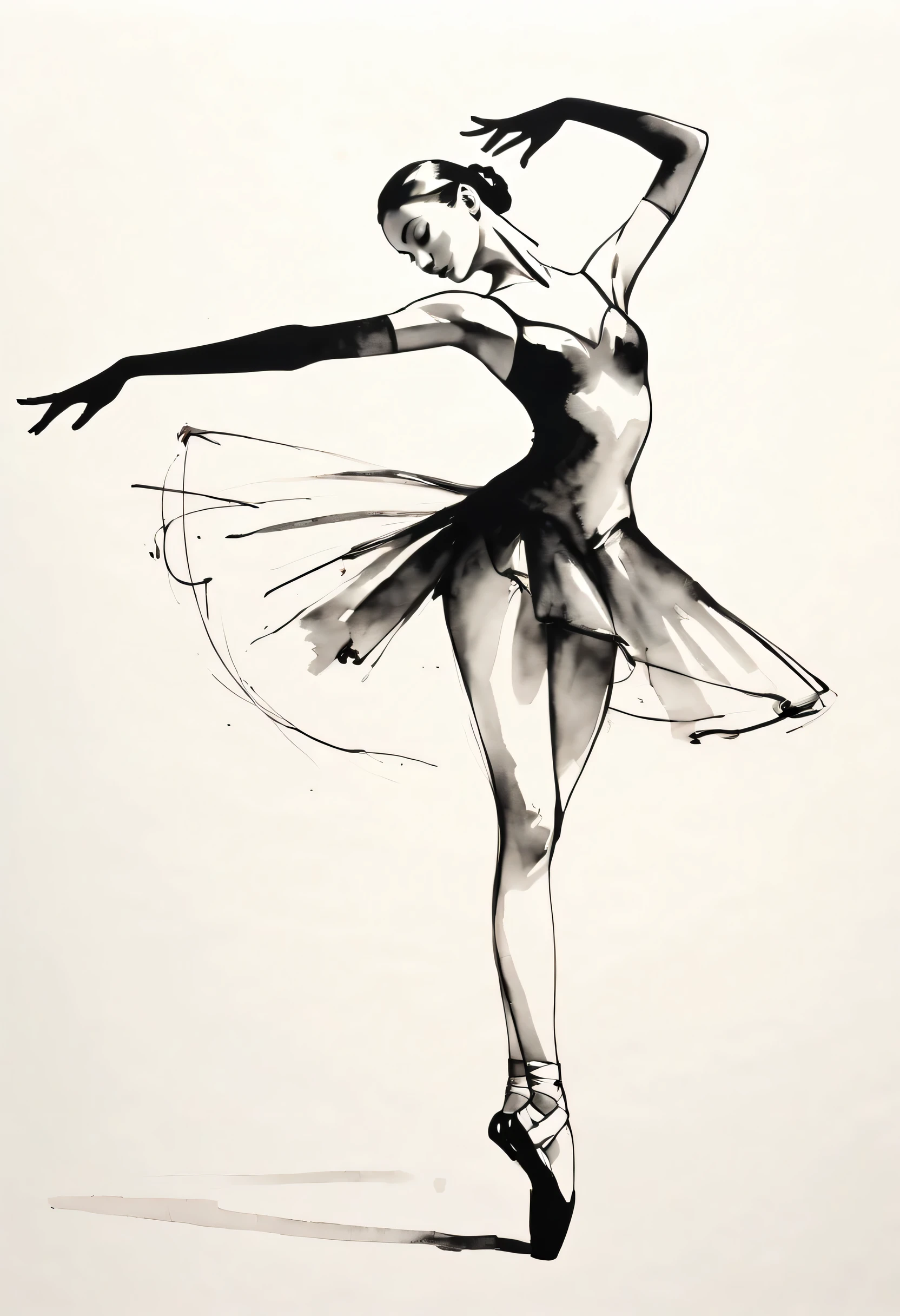 ink画:One stroke drawing of ballerina girl,Slender and straight figure,limb extension,Outline with black ink,smooth lines,inksoil出层层的裙子,multi-layer,The ink on the skirt fell out with force,form an arc,Displays characters' Express expressions and postures through ink contrast,Simple background,Emphasis on light, shadow and space。ink,soil,sketch,grace,