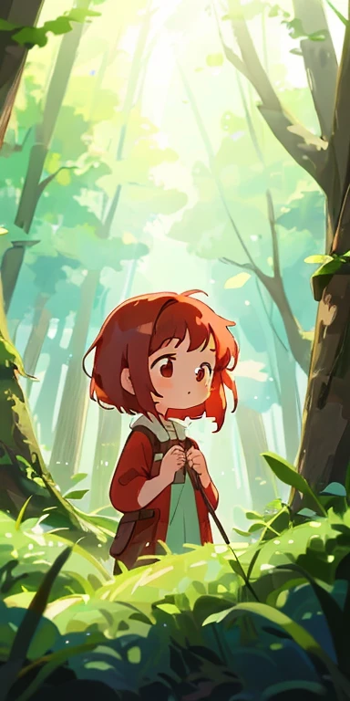 beauty girl,short and red haired hair,in the forest