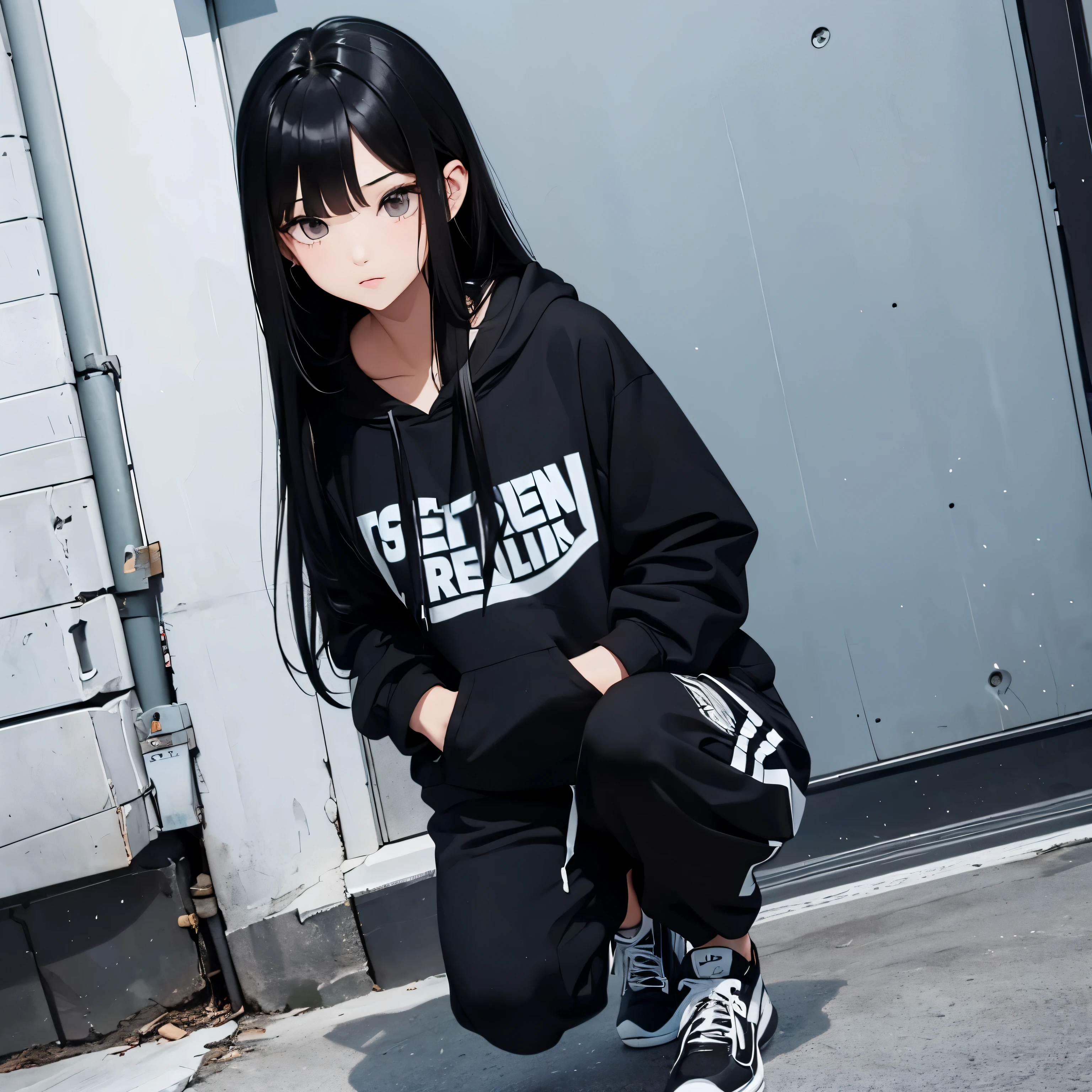 A beautiful and cute girl, long black hair, black and white hoodie, trousers, sneakers, decent attitude, tall, pretty