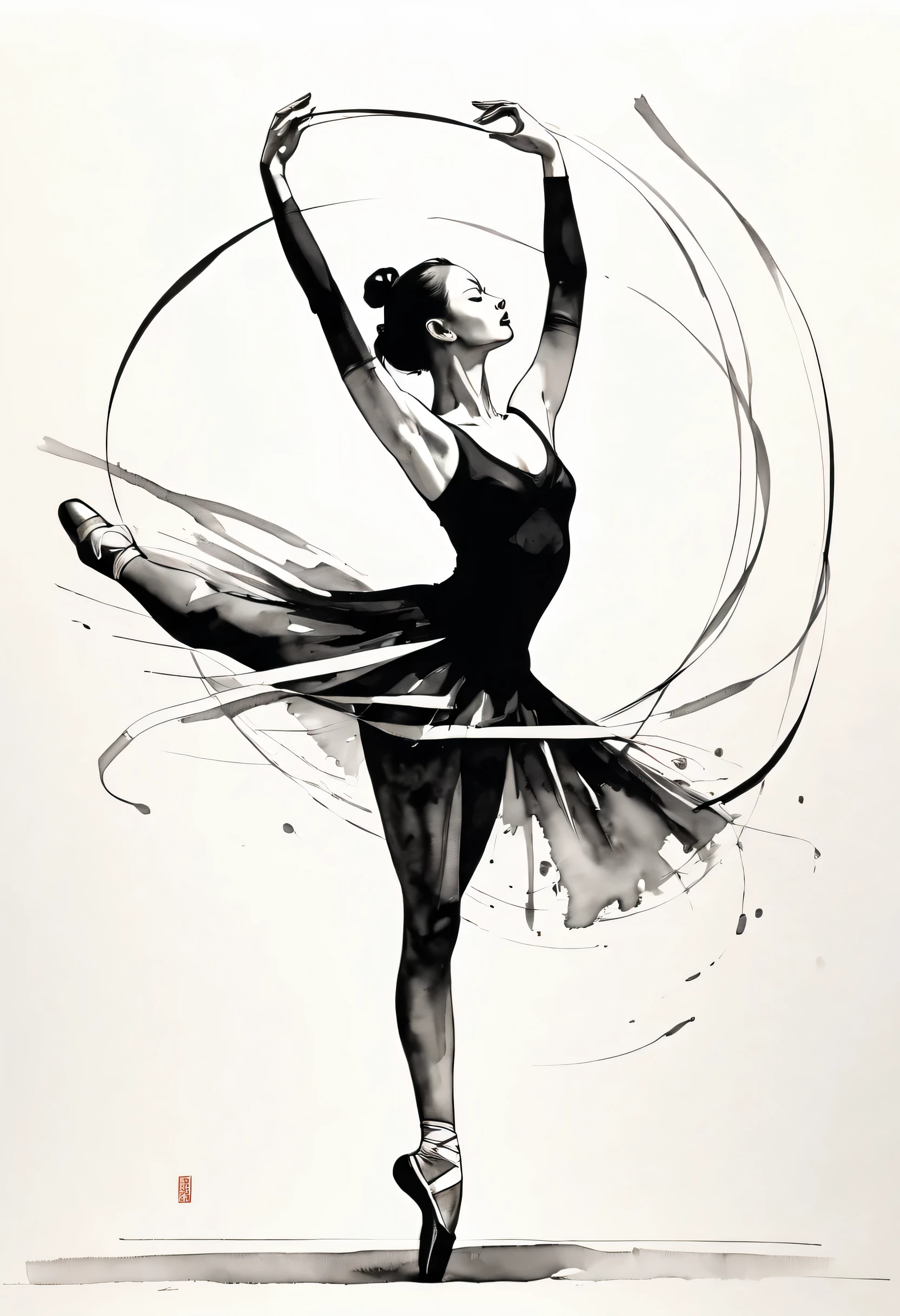 ink画:One stroke drawing of ballerina girl,Slender and straight figure,limb extension,Wrap gymnastics ribbon,fluttering streamers,A combination of strength and femininity。Outline with black ink,smooth lines,inksoil出层层的裙子,multi-layer,The ink on the skirt fell out with force,form an arc,Displays characters' Express expressions and postures through ink contrast,Simple background,Emphasis on light, shadow and space。ink,soil,sketch,grace,