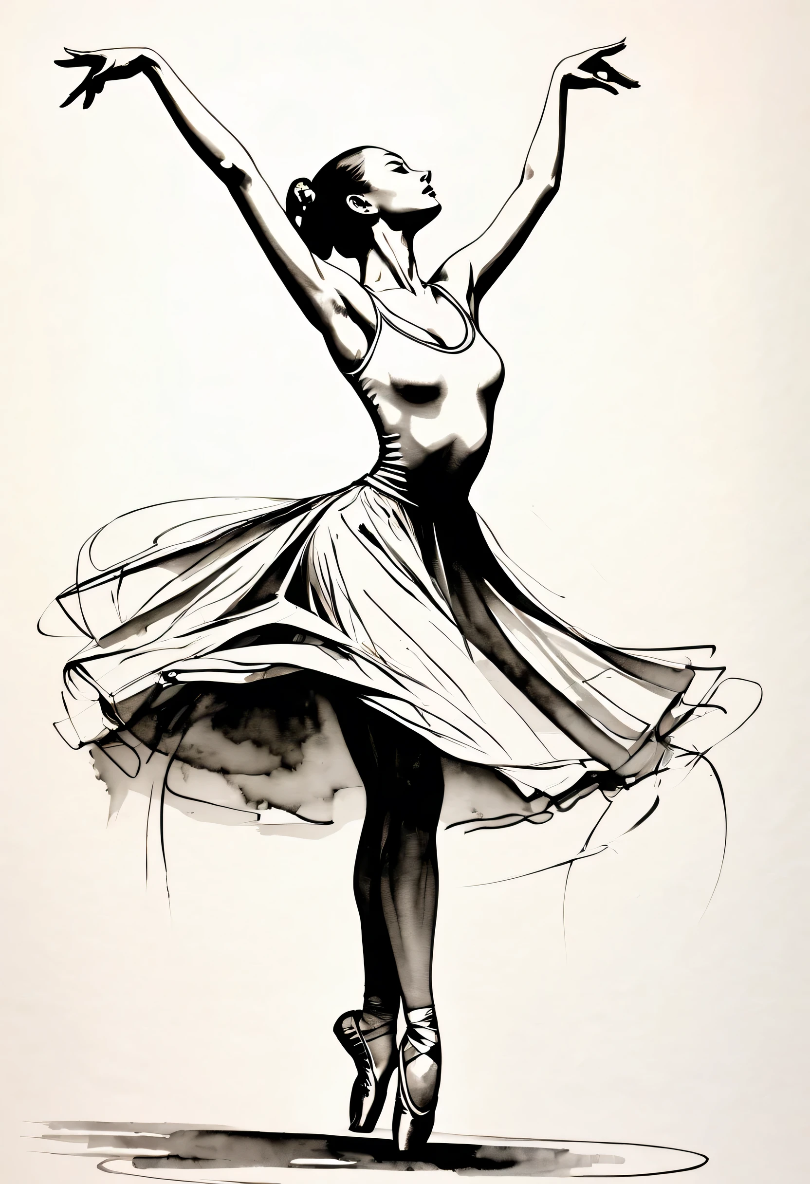 ink画:One stroke drawing of ballerina girl,Slender and straight figure,limb extension,Wrap gymnastics ribbon,Outline with black ink,smooth lines,inksoil出层层的裙子,multi-layer,The ink on the skirt fell out with force,form an arc,Displays characters' Express expressions and postures through ink contrast,Simple background,Emphasis on light, shadow and space。ink,soil,sketch,grace,
