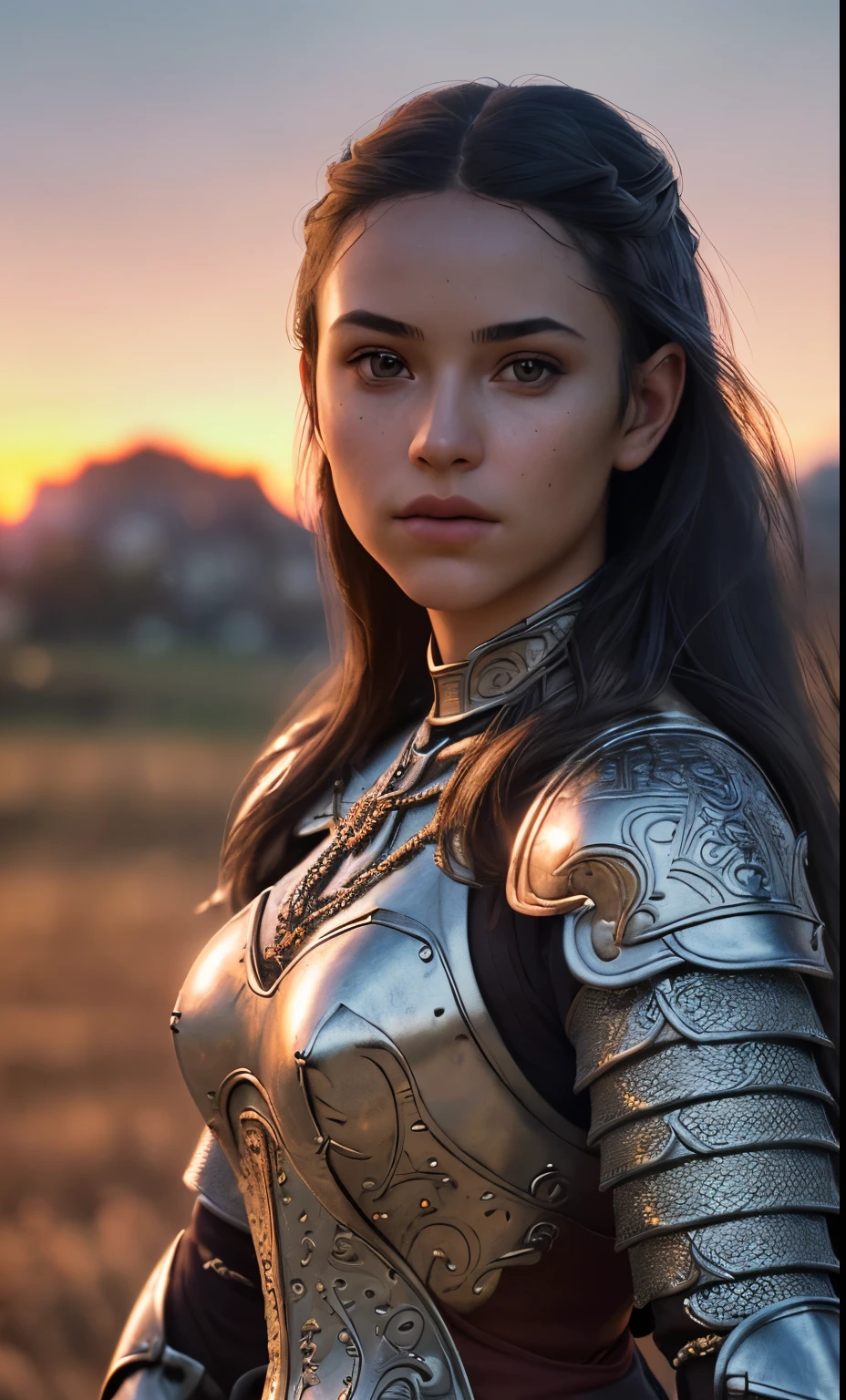 (masterpiece), (extremely intricate:1.3), (realistic), portrait of a girl, the most beautiful in the world, (medieval armor), metal reflections, upper body, outdoors, intense sunlight, far away castle, professional photograph of a stunning woman detailed, sharp focus, dramatic, award winning, cinematic lighting, octane render unreal engine, volumetrics dtx, (film grain, blurry background, blurry foreground, bokeh, depth of field, sunset, motion blur:1.3), chainmail