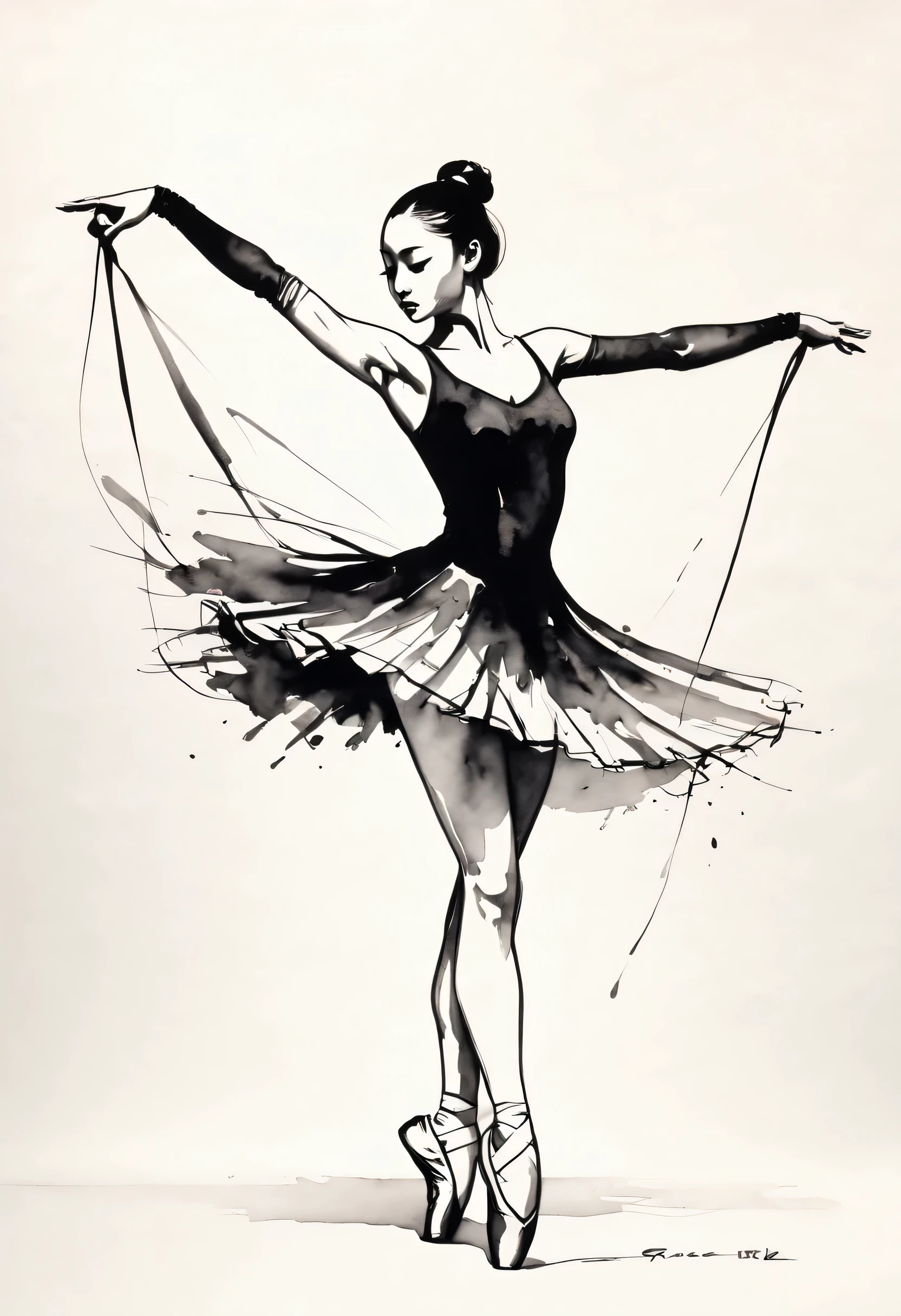 ink画：One stroke drawing of ballerina girl，Slender and straight figure，limb extension，Wrap gymnastics ribbon，fluttering streamers，Outline with black ink，smooth lines，inksoil出层层的裙子，multi-layer，The ink on the skirt fell out with force，form an arc，Displays characters&#39; Express expressions and postures through ink contrast，Simple background，Emphasis on light, shadow and space。ink，soil，sketch，grace，