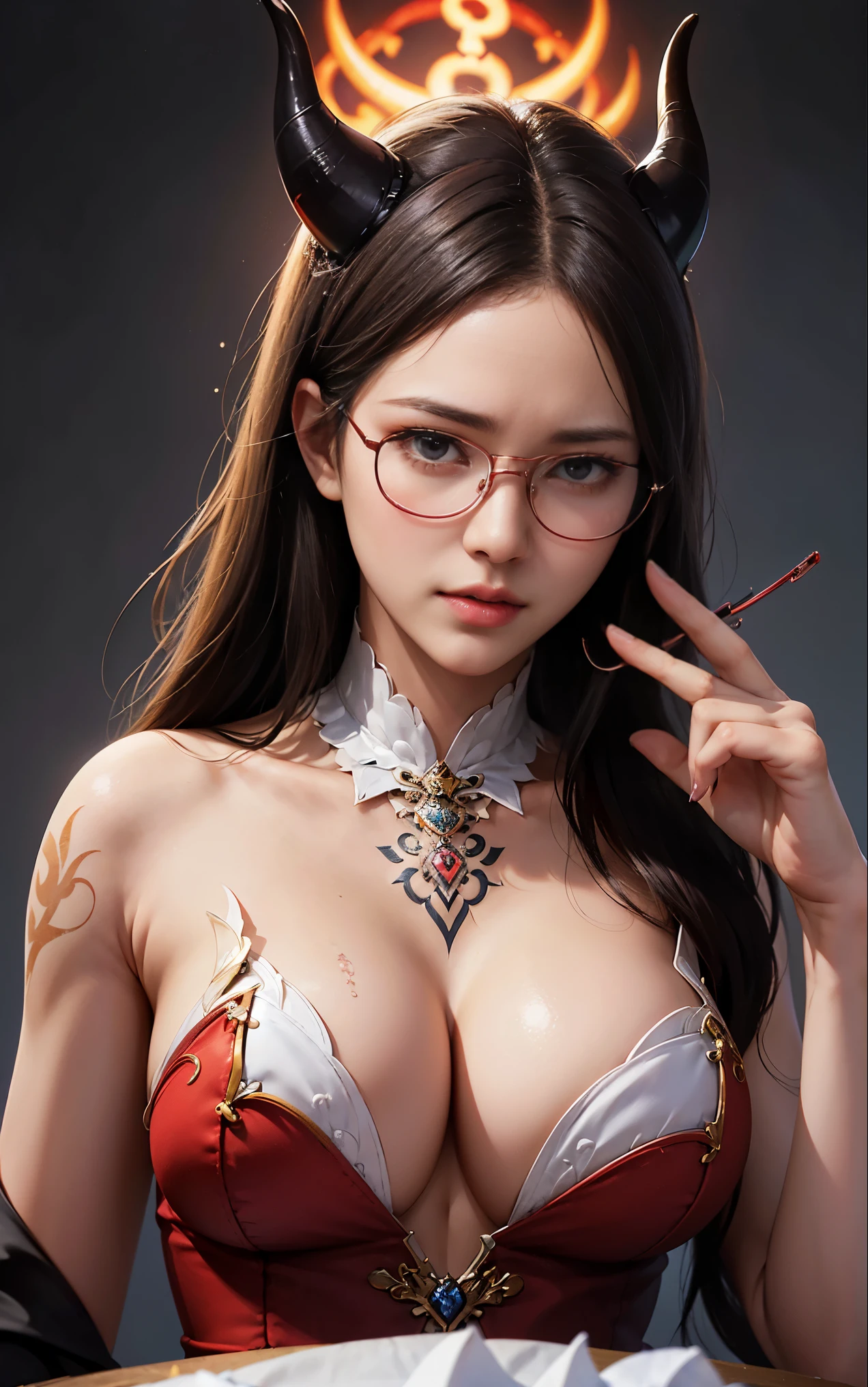 Are you okayですかですか、(best illustrations)、8k UHD resolution、intricate details、highest quality、realistic、Super detailed、best lighting、best shadows、soft lighting、Ultra HD、超realistic、Tyndall effect、Photoreal、(high detail skin:1.2)、 (intricate details, compensate, face to face with the children_v1:0.5), (Are you okay, beautiful and delicate face, Are you okayですか, beautiful and delicate eyes, perfectly proportioned face, high resolution skins, fine skin, Optimal ratio of 4 fingers and 1 thumb, arm under chest, red tattoo on lower abdomen、wow wow, wide hips, smooth abdomen, thin and thin skin, __fashion__, __hair__:1.25)、Digital single-lens reflex camera、 absurd、(table top: 1.3), (maximum resolution: 1.2), (Ultra HDTV: 1.2), cinematic light, fine eyes and skin, detailed facial features, , (sharp focus: 1.2）, (focus on face:1.2),perfect style, beautiful face, acura, anatomically correct, Highly detailed face and skin texture, fine eyes, double eyelid, thin eyebrows, glitter eyeliner: 1 natural cheeks, Glossy skin, Fair skin: 1.2, (glossy lips: 1.4),(embarrassed look: 1.2),Highly detailed face and skin texture, fine eyes, double eyelid, natural cheeks,  glossy lips: 1.4,exposed cleavage、Bewitching。Charm、 地獄から来た美しいdevilの女性, Surreal female portraits by David Hockney and Alphonse Mucha, Charm女性の肖像画、fantasy art, chinese doll、Chinese actress、dungeon、dragon、devil&#39;Palace of、devil&#39;torture chamber、night、dark style 、in the dark、(detailed spooky background:0.8), magic、 1 girl、evil nun、dark necromancer、Succubus、devil&#39;Daughter of、Shinonome Umi、bat wings，(((devil&#39;Horn)))、 ((((giant glasses, otaku glasses, thick glasses, round glasses)))),(((big breasts)))、(devil&#39;Tail)、(red eyesは光り輝いて:1.6)、red eyesは非常に鮮明で詳細です, Your eyes are made up so beautifully, ((red eyes:1.0)),intricate tattoo, demonic intricate tattoo, Tattoo on the thigh, body tattoo, masterpiece、最もbeautiful face、baby face、cute smile、beautiful plump red lips、筋肉のCharm体、devilのCharm体、devil style、Charmブラックマジックコスチューム、The long-haired、Braid、Black hair、Ponytail distortion、, Ponytail with a bow tied at the back of the hair, beautiful expression、body up、big breasts強調、bust,  super tight chest, Breast augmentation surgery, The chest is very large and round,tight waist、wide ass、 private key, cowboy lens, (Black Phoenix Dress: 1.0),  devil crown,  red sparkling gemstone necklace、Jewelry G Wise,  Please wear black mesh socks,Wearing light red、nffsw, nffsw, meet beautiful girls, looking at girl&#39;body of, (upper body portrait), Protagonist Close-up, 
