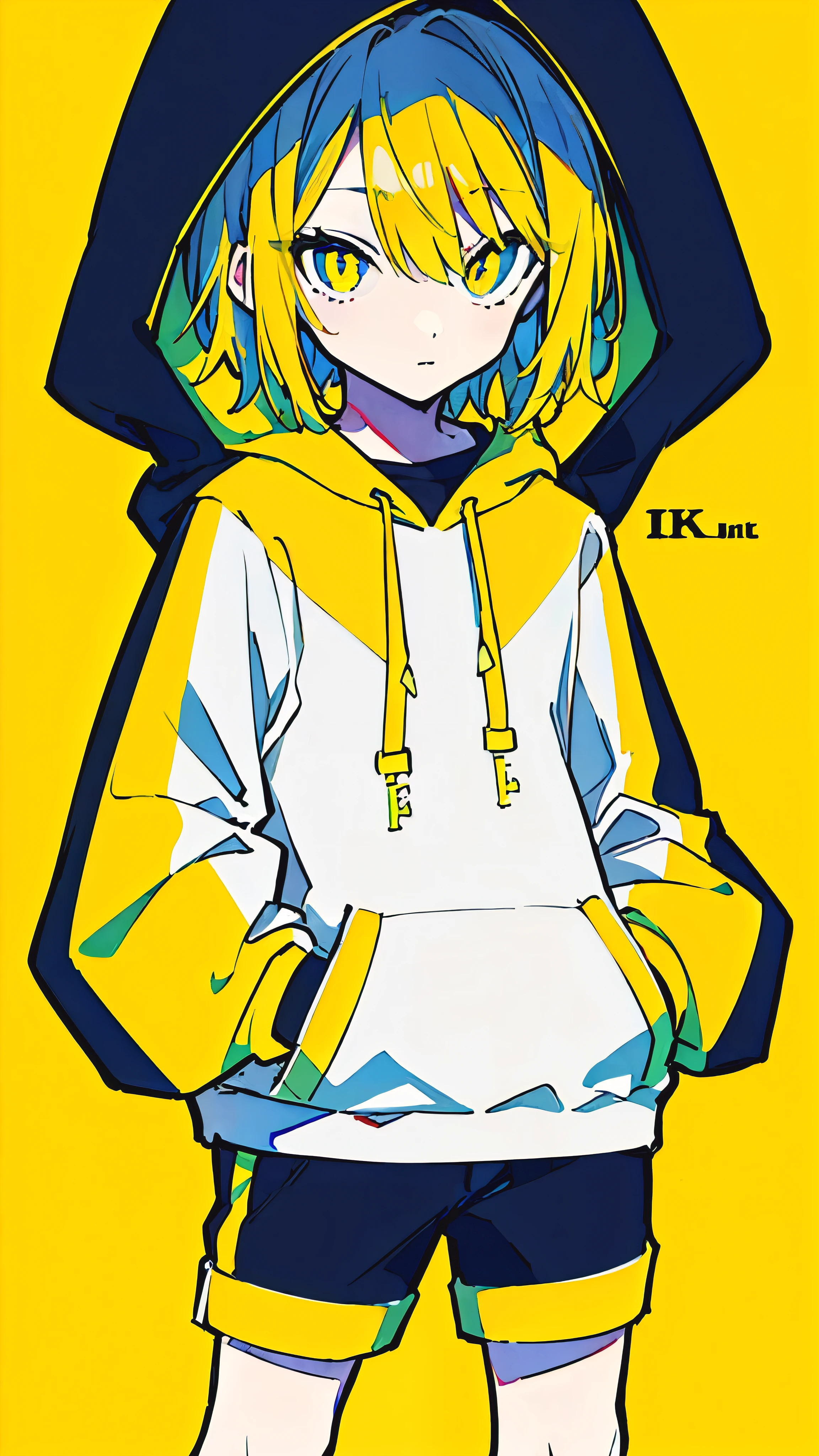 (masterpiece, highest quality:1.6), alone, thick outline, (simple background, Dark yellow background, monochrome, dark yellow theme:1.2), official art, Key Visual, 8K, confused, whole body, (Unique hair, oversized hoodie, hot pants, arch back, short torso:1.2), belly button, thighs, cowboy shot, HDR, sharp focus, High resolution, most detailed, very detailed, Super detailed, finely, detailed eyes and face, sharp pupils, realistic student, alone, contrast between yellow and light blue, alone, put one's hand in one's pocket