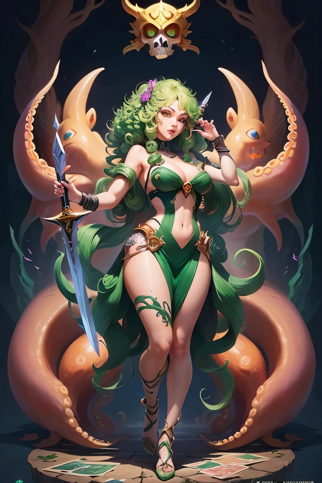 ((best quality)), ((masterpiece)), (detailed), woman with green hair, holding a sword, (Artgerm inspired:1.2), (pixiv contest winner:1.1), (octopus goddess:1.3), (Berserk art style:1.2),full body,  goddess skull, (Senna from League of Legends:1.1), (Tatsumaki with green curly hair:1.2), card game illustration, thick brush, HD anime wallpaper, (Akali from League of Legends:1.1), 8k resolution