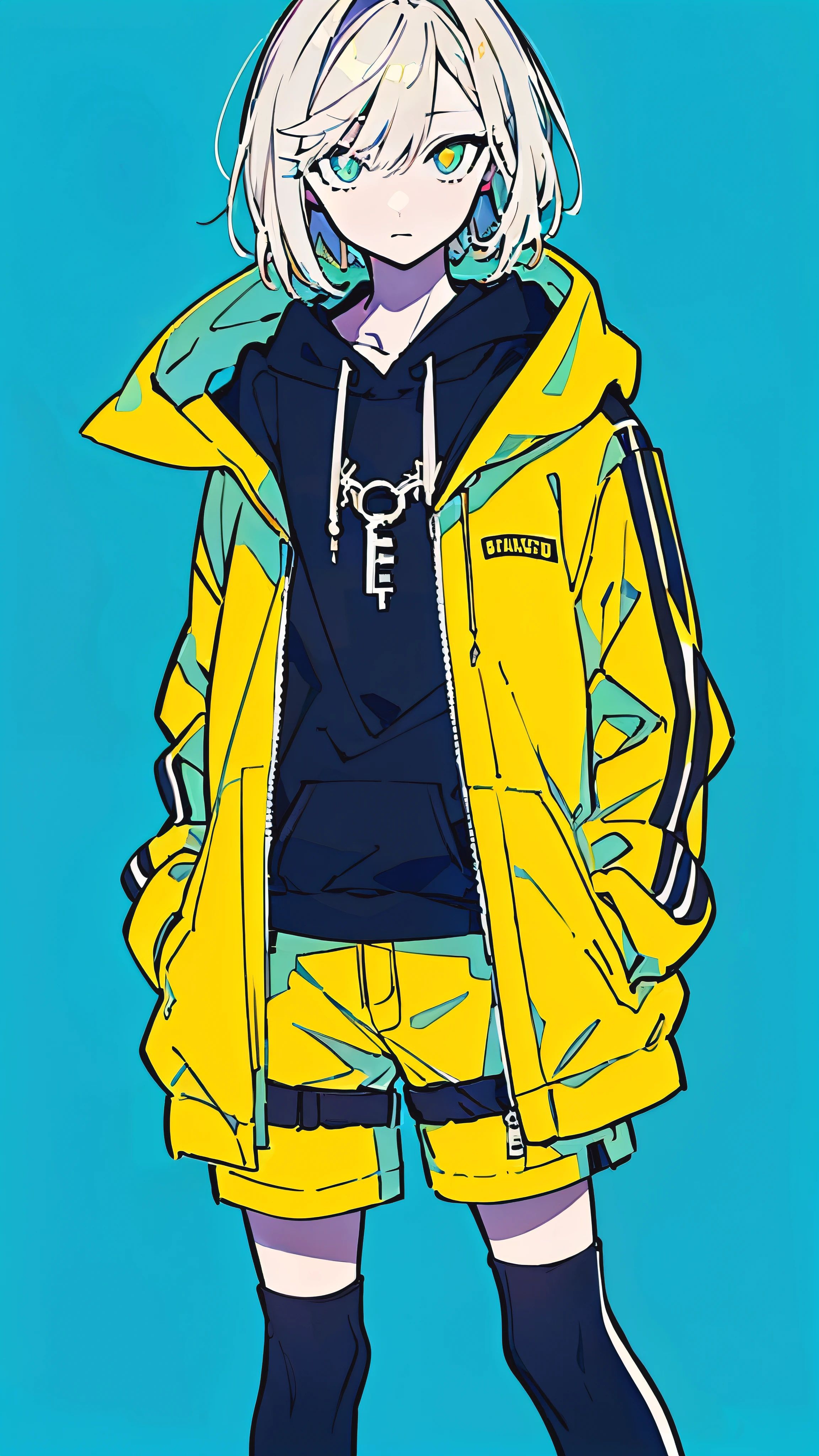 (masterpiece, highest quality:1.6), alone, thick outline, (simple background, Dark yellow background, monochrome, dark yellow theme:1.2), official art, Key Visual, 8K, confused, whole body, (Unique hair, oversized hoodie, hot pants, arch back, short torso:1.2), belly button, thighs, cowboy shot, HDR, sharp focus, High resolution, most detailed, very detailed, Super detailed, finely, detailed eyes and face, sharp pupils, realistic student, alone, contrast between yellow and light blue, alone, put one&#39;s hand in one&#39;s pocket