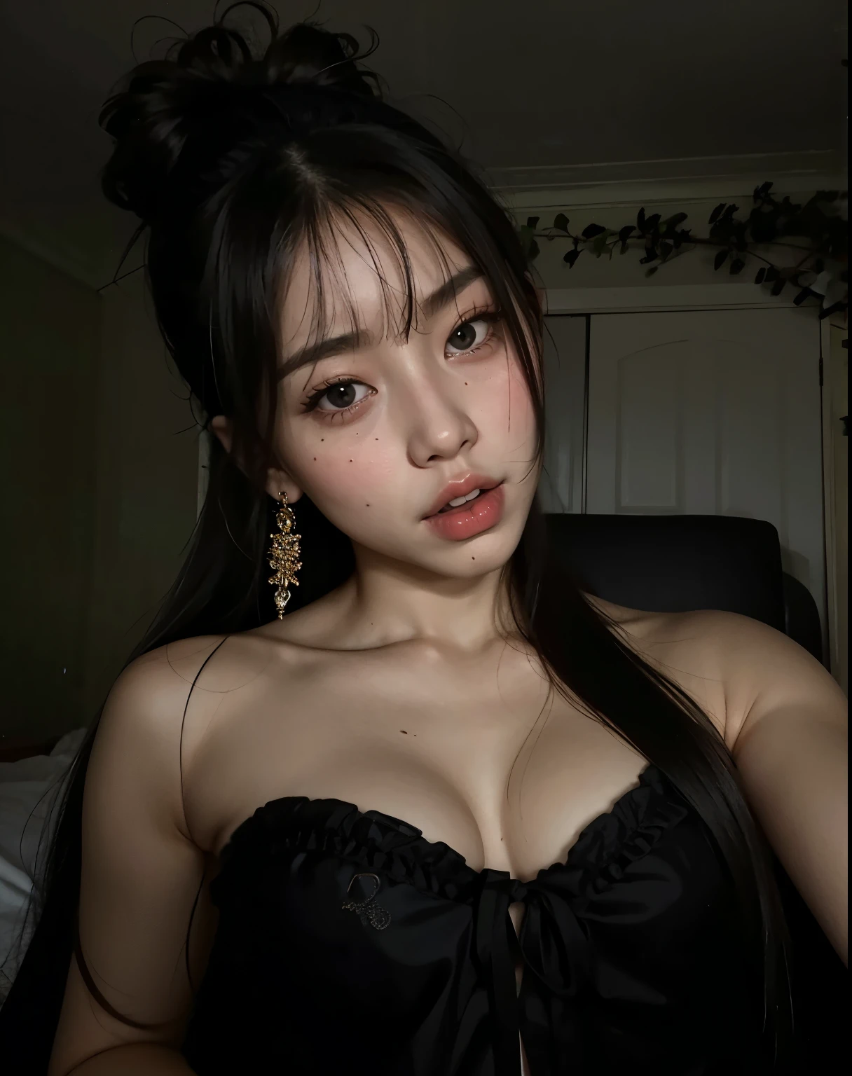 there is a woman in a black dress posing for a picture, cruel korean goth girl, rosto sexy com maquiagem completa, asian face, beautiful  Asian, características Asians, linda mulher sul-coreana,  Asian, look sexy at the camera,  coreana, uma mulher Asian, linda jovem coreana, 18 anos de idade, detailed face of a  Asian, Xisionwu