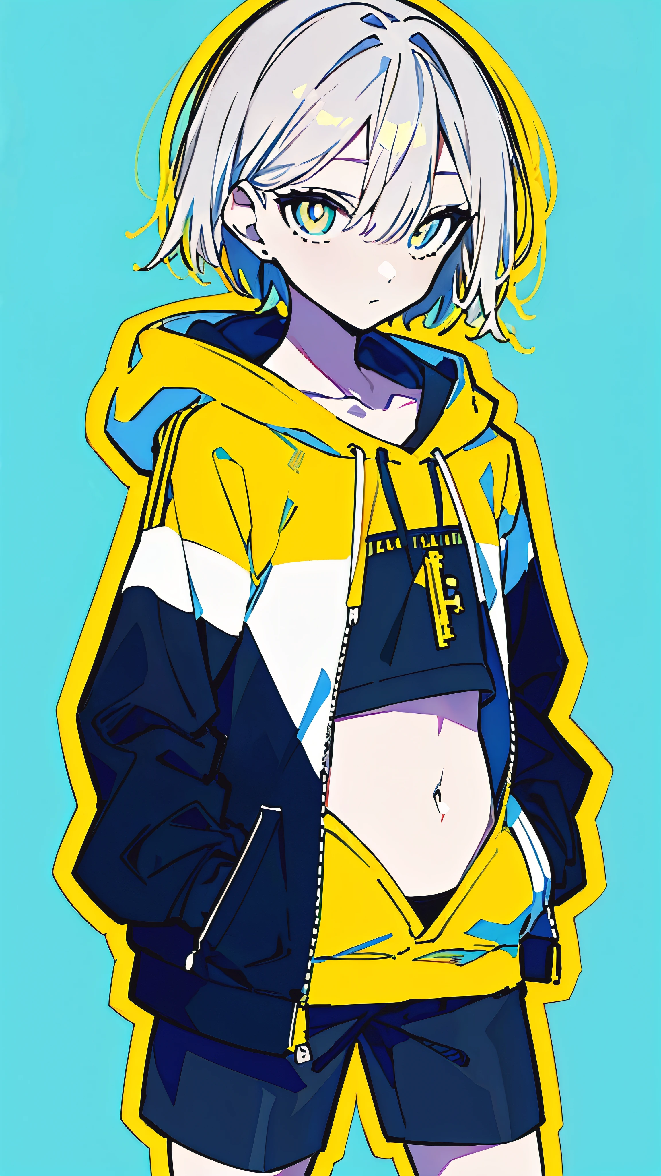(masterpiece, highest quality:1.6), alone, thick outline, (simple background, Dark yellow background, monochrome, dark yellow theme:1.2), official art, Key Visual, girl, 8K, confused, whole body, (Unique hair, oversized hoodie, hot pants, arch back, short torso:1.2), belly button, thighs, cowboy shot, HDR, sharp focus, High resolution, most detailed, very detailed, Super detailed, finely, detailed eyes and face, sharp pupils, realistic student, alone, contrast between yellow and light blue, alone, put one&#39;s hand in one&#39;s pocket