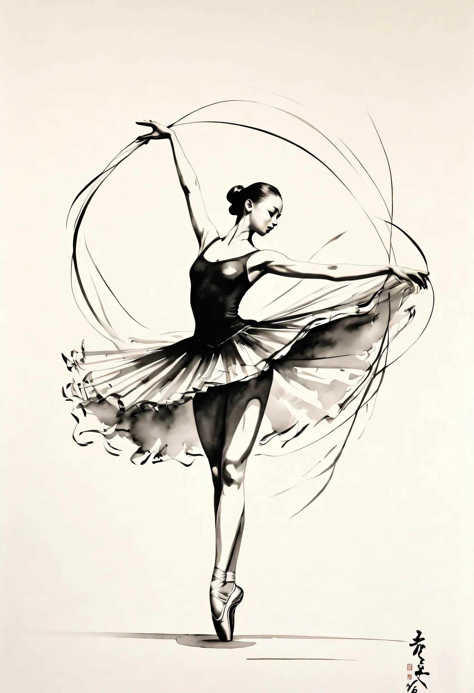 ink画：One stroke drawing of ballerina girl，Slender and straight figure，limb extension，Wrap gymnastics ribbon，fluttering streamers，Outline with black ink，smooth lines，inksoil出层层的裙子，multi-layer，The ink on the skirt fell out with force，form an arc，Displays characters&#39; Express expressions and postures through ink contrast，Simple background，Emphasis on light, shadow and space。ink，soil，sketch，grace，
