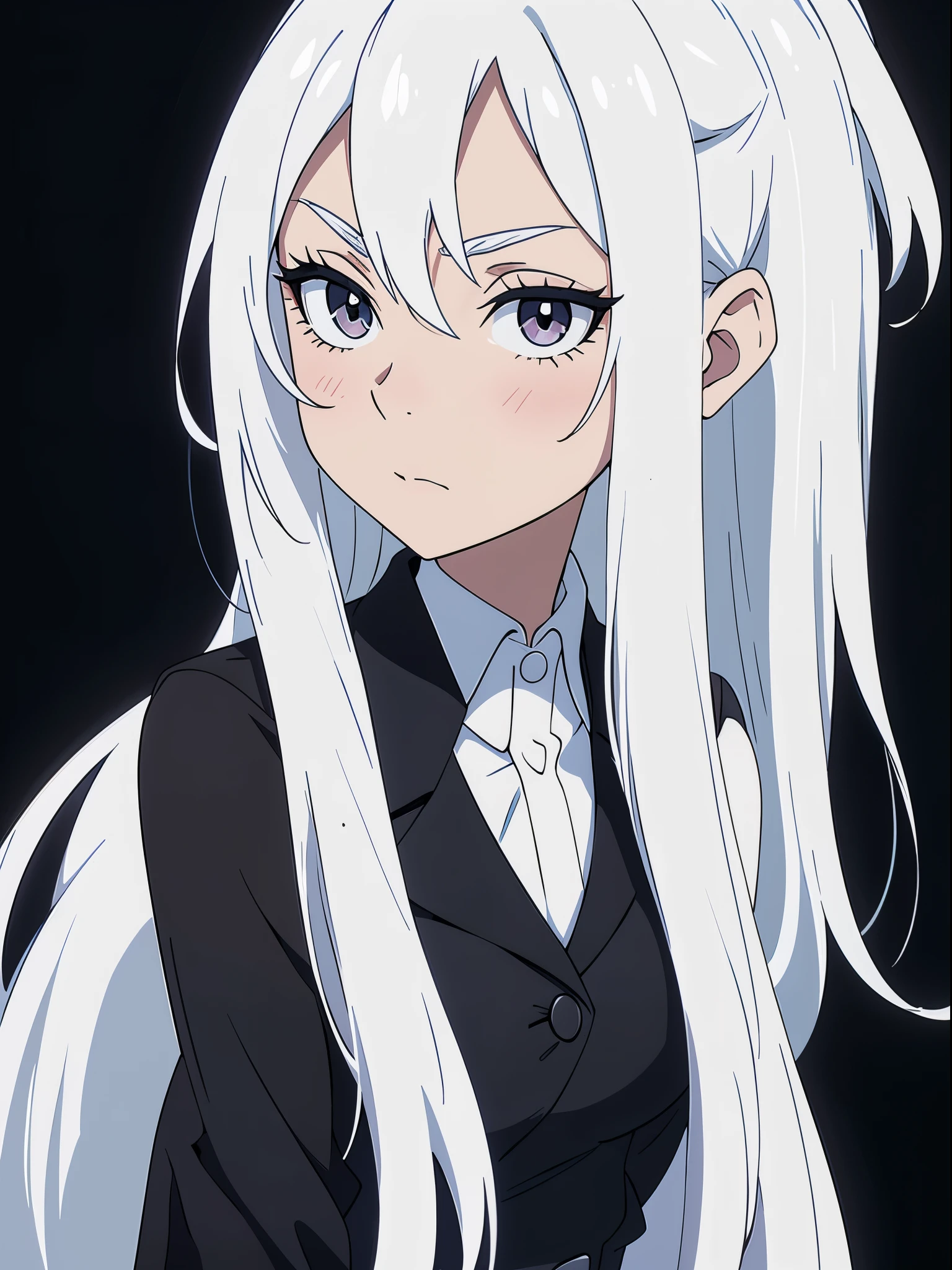 ((White hair)),((Head and Shoulders Image)),(super-long hair),Sexy,A person,Alone,Simple style,pancake ,Simple details,Black background,Empty background,Black background wall,(20 year old woman),(Cotehardie),(White Gloves),Lace Shirt,Waistcoat,(Pray)