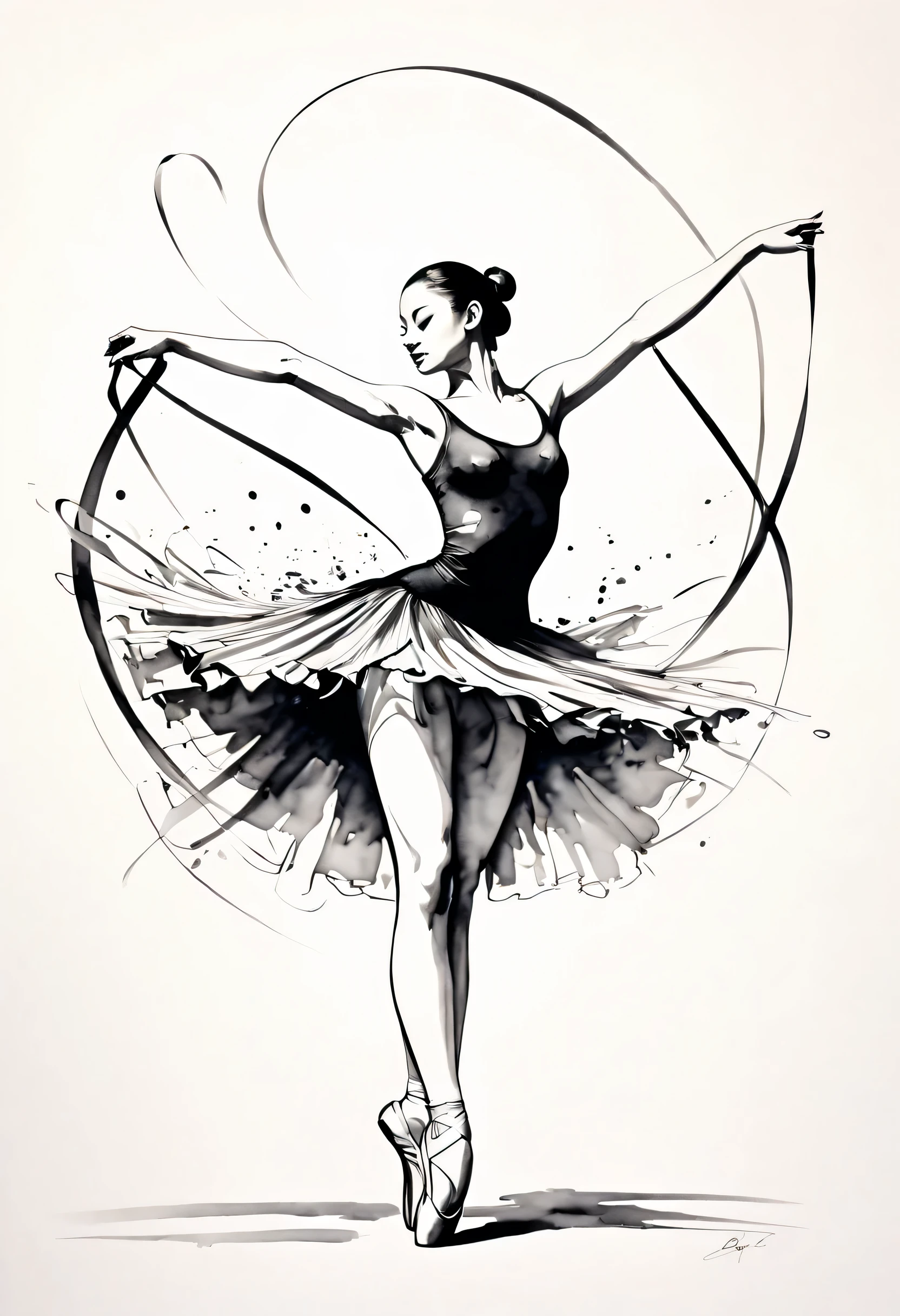 ink画：One stroke drawing of ballerina girl，Slender and straight figure，limb extension，Wrap gymnastics ribbon，fluttering streamers，A combination of strength and femininity。Outline with black ink，smooth lines，inksoil出层层的裙子，multi-layer，The ink on the skirt fell out with force，form an arc，Displays characters&#39; Express expressions and postures through ink contrast，Simple background，Emphasis on light, shadow and space。ink，soil，sketch，grace，