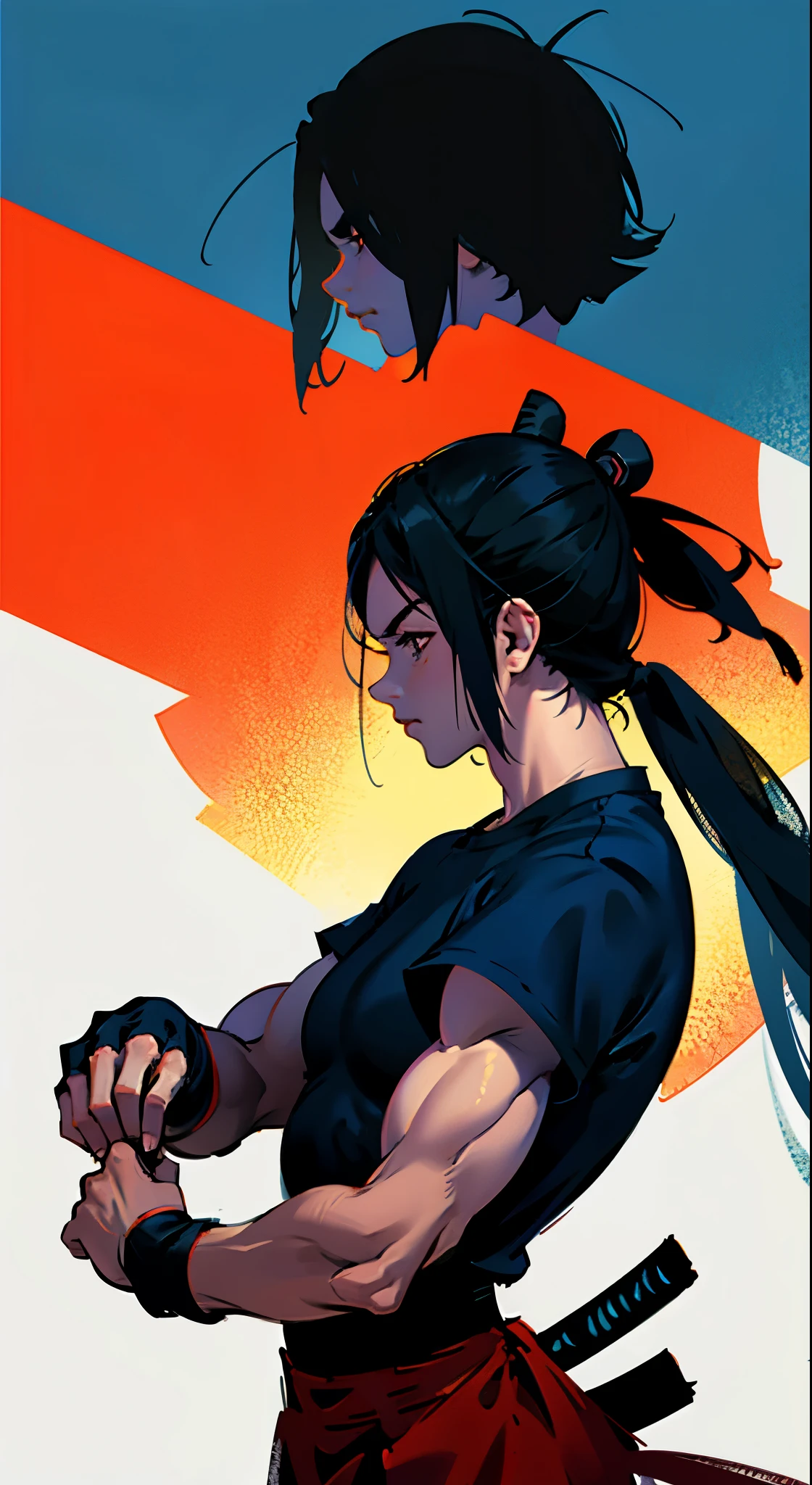 A minimalist t-shirt design with a vintage touch, featuring a cool, muscular and stylish anime samurai silhouette in faded, awesome and bright colors.