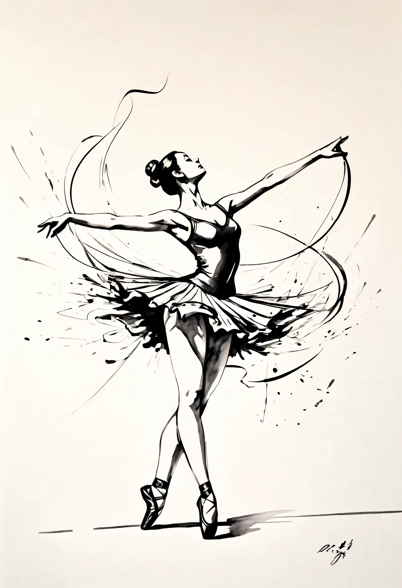 ink画:One stroke drawing of ballerina girl,Slender and straight figure,limb extension,Wrap gymnastics ribbon,fluttering streamers,A combination of strength and femininity。Outline with black ink,smooth lines,inksoil出层层的裙子,multi-layer,The ink on the skirt fell out with force,form an arc,Displays characters' Express expressions and postures through ink contrast,Simple background,Emphasis on light, shadow and space。ink,soil,sketch,grace,