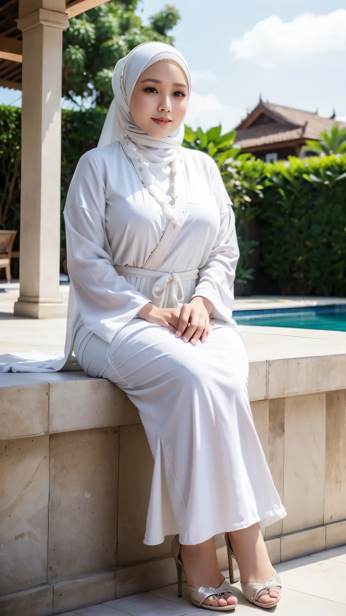 RAW, Best quality, high resolution, Masterpiece: 1.3, Indonesian woman with hijab, curvaceous, wearing Javanese kebaya gamis, dress, beautiful pearl skinned Javanese hijabi wearing tribal slave, heels, Masterpiece, white stockings, Soft smile, sitting next to villa swimming pool