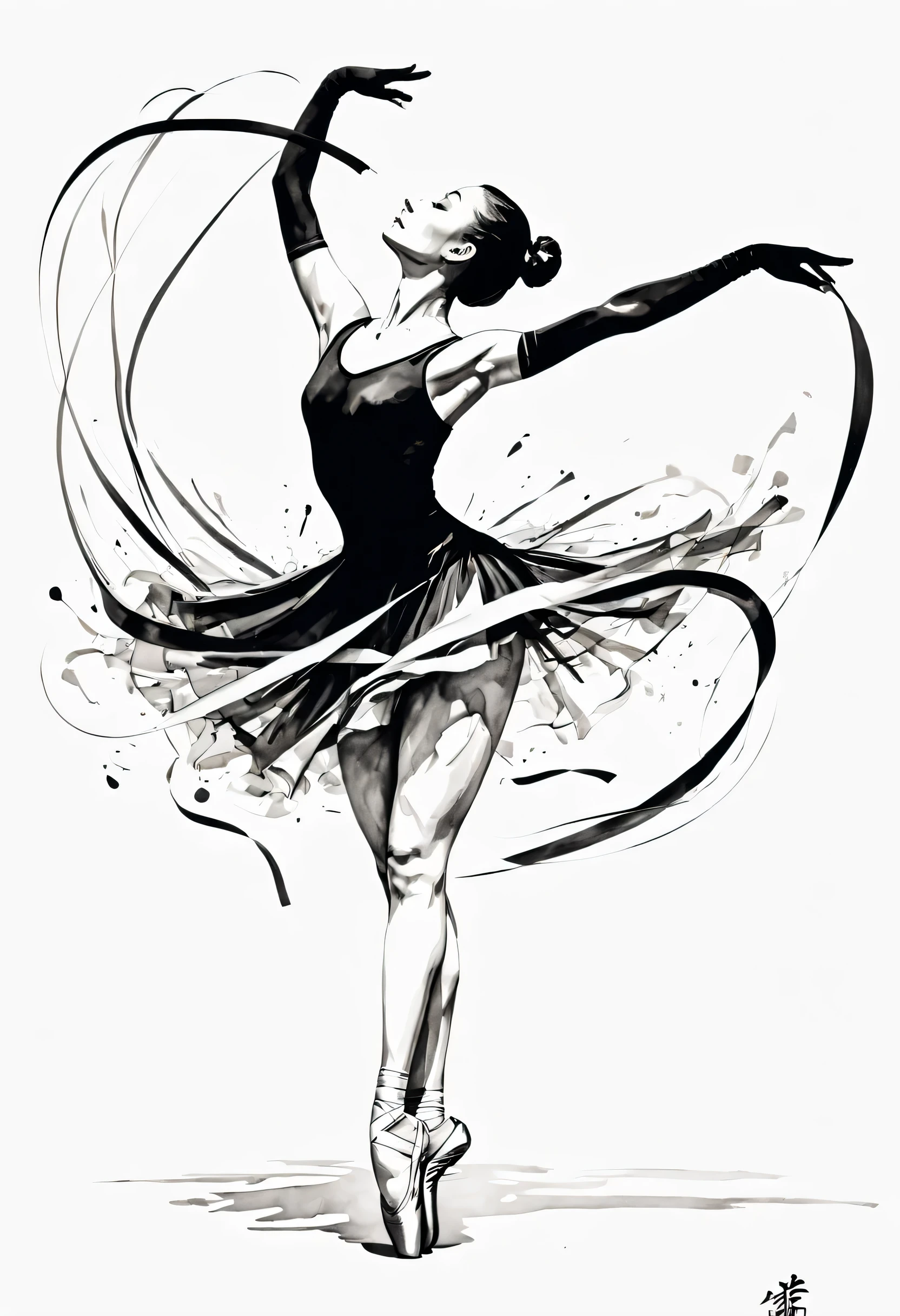 ink画：One stroke drawing of ballerina girl，Slender and straight figure，limb extension，Wrap gymnastics ribbon，fluttering streamers，Outline with black ink，smooth lines，inksoil出层层的裙子，multi-layer，The ink on the skirt fell out with force，form an arc，Displays characters&#39; Express expressions and postures through ink contrast，Simple background，Emphasis on light, shadow and space。ink，soil，sketch，grace，