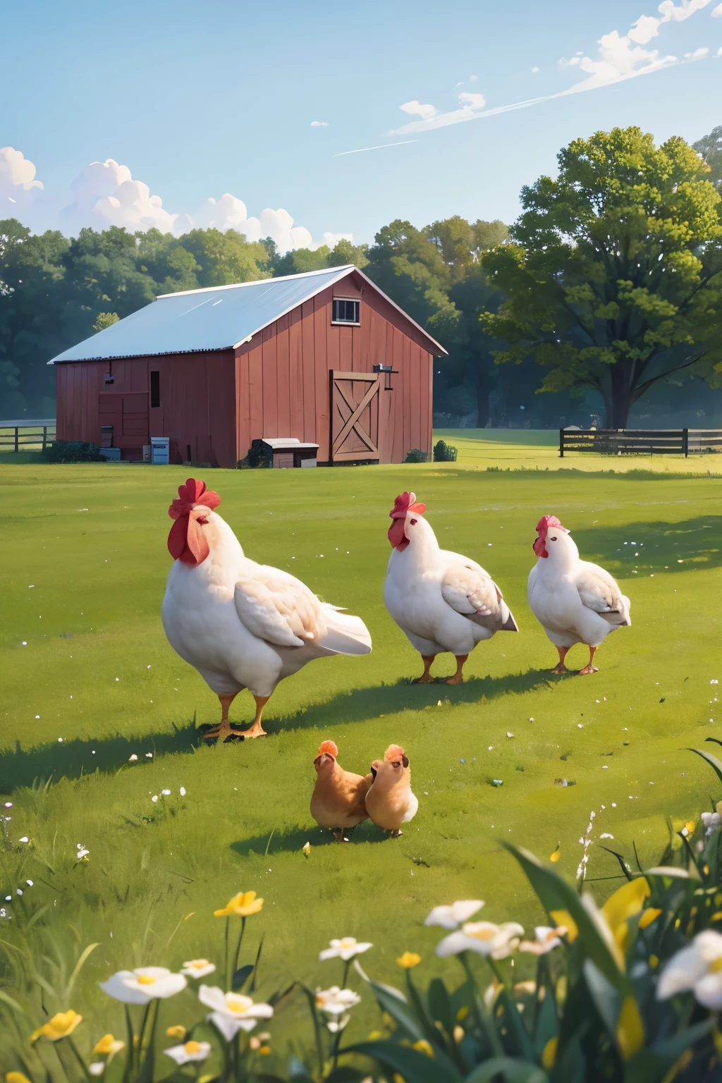 chicken family with 3 traveling chicks, cozy barn farm background with other animals