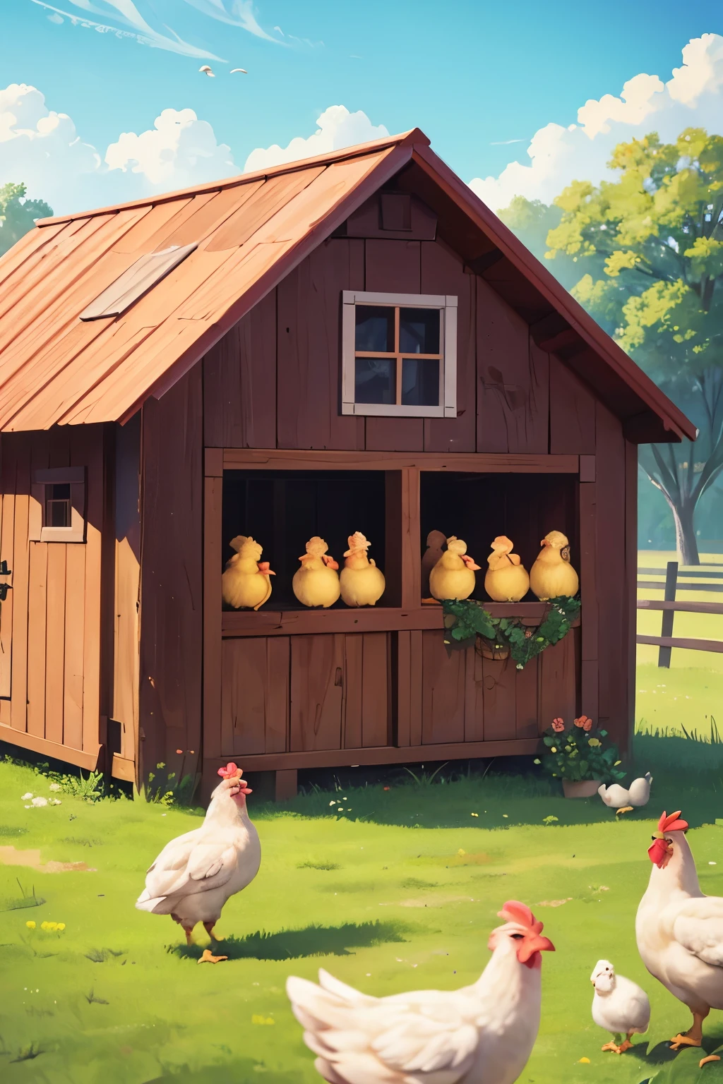 chicken family with 3 traveling chicks, cozy barn farm background with other animals